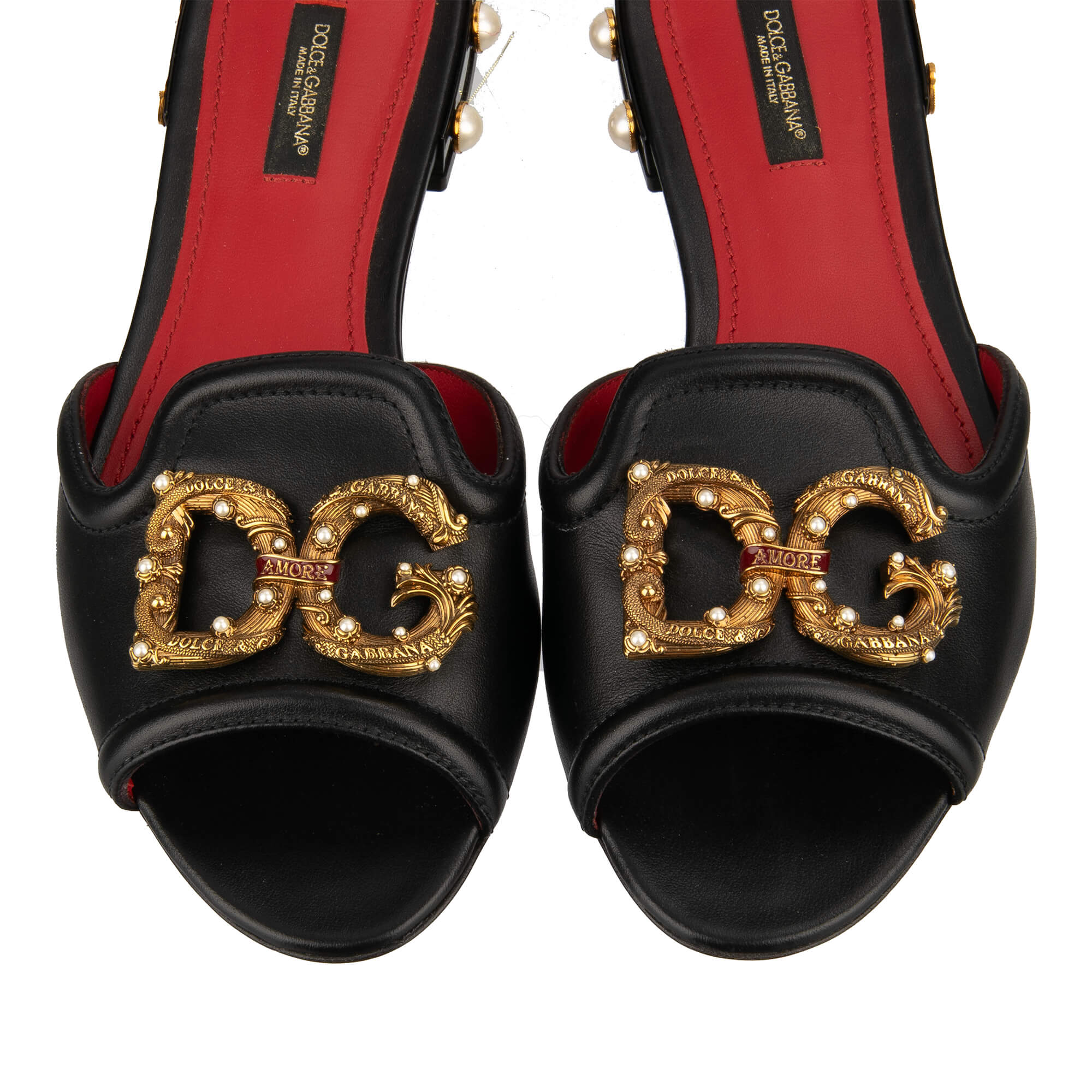 Slide Sandalen aus Leder mit DG Amore Logo und Perlen in schwarz von DOLCE & GABBANA