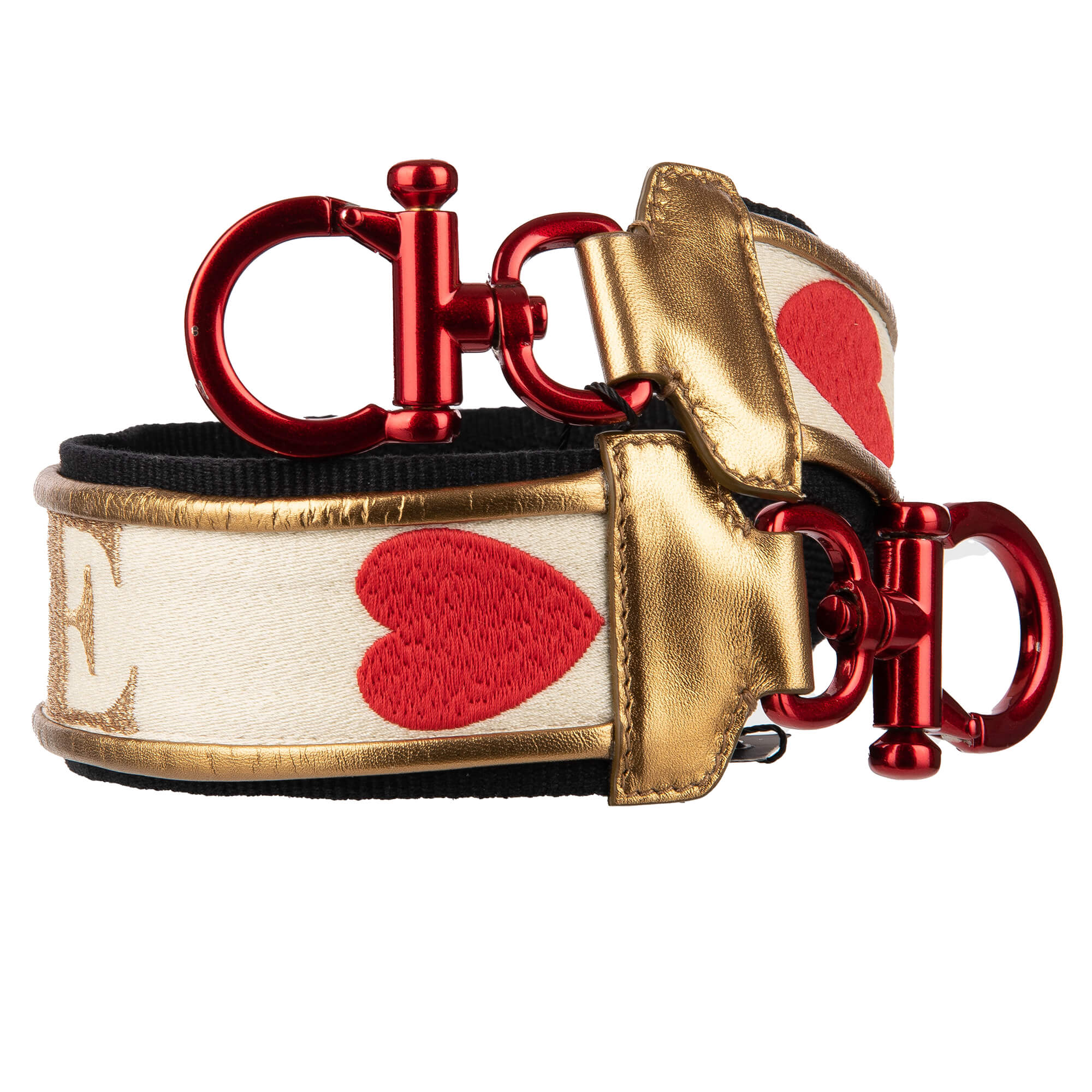 Schulterriemen für Tasche aus Baumwolle und Leder in Gold, Beige und Schwarz verziert mit Amore und Herz Stickerei von DOLCE & GABBANA