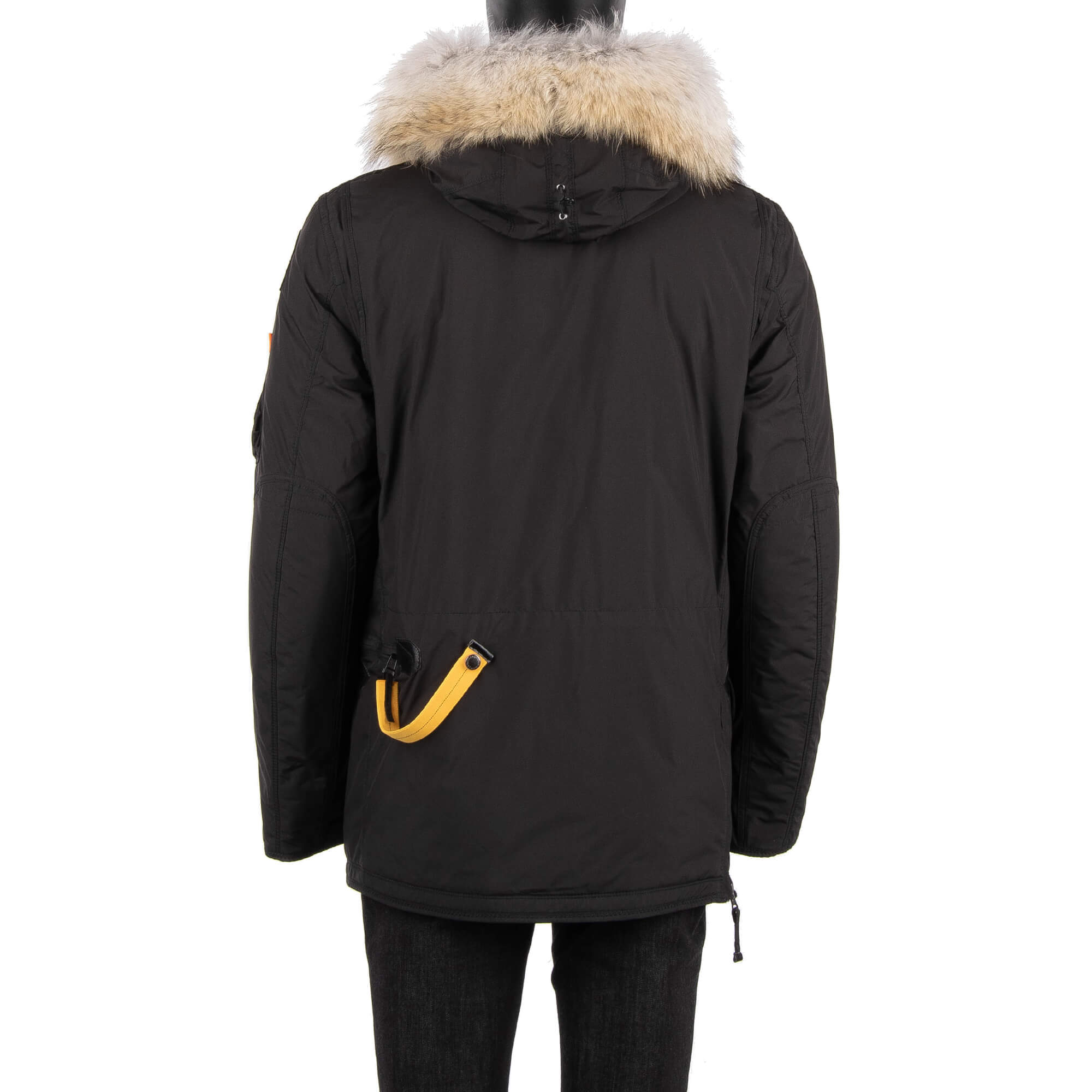 Parka / Daunenjacke RIGHT HAND LIGHT aus leichtem Polyester-Polyurethan-Popeline mit abnehmbarem Echtpelzbesatz, Kapuze, vielen Taschen und Daunenfutter in Raven Schwarz