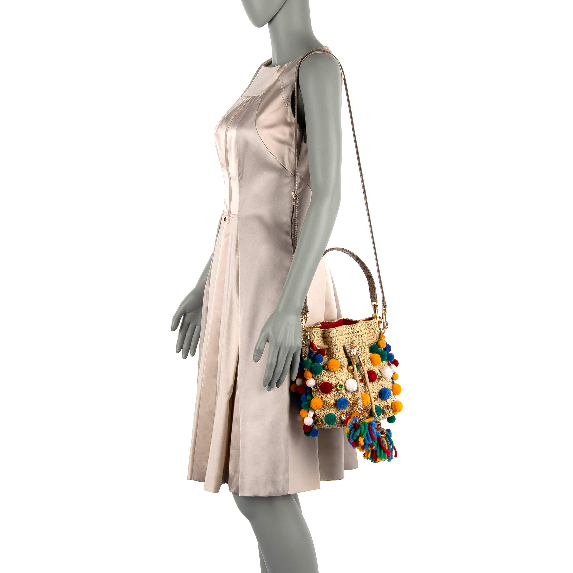 Beutel Hobo Tasche / Schultertasche CLAUDIA im Sizilianischem Stil aus Stroh und Schlangenleder mit Bommeln, Sing Song Glocken und Kristallen von DOLCE & GABBANA