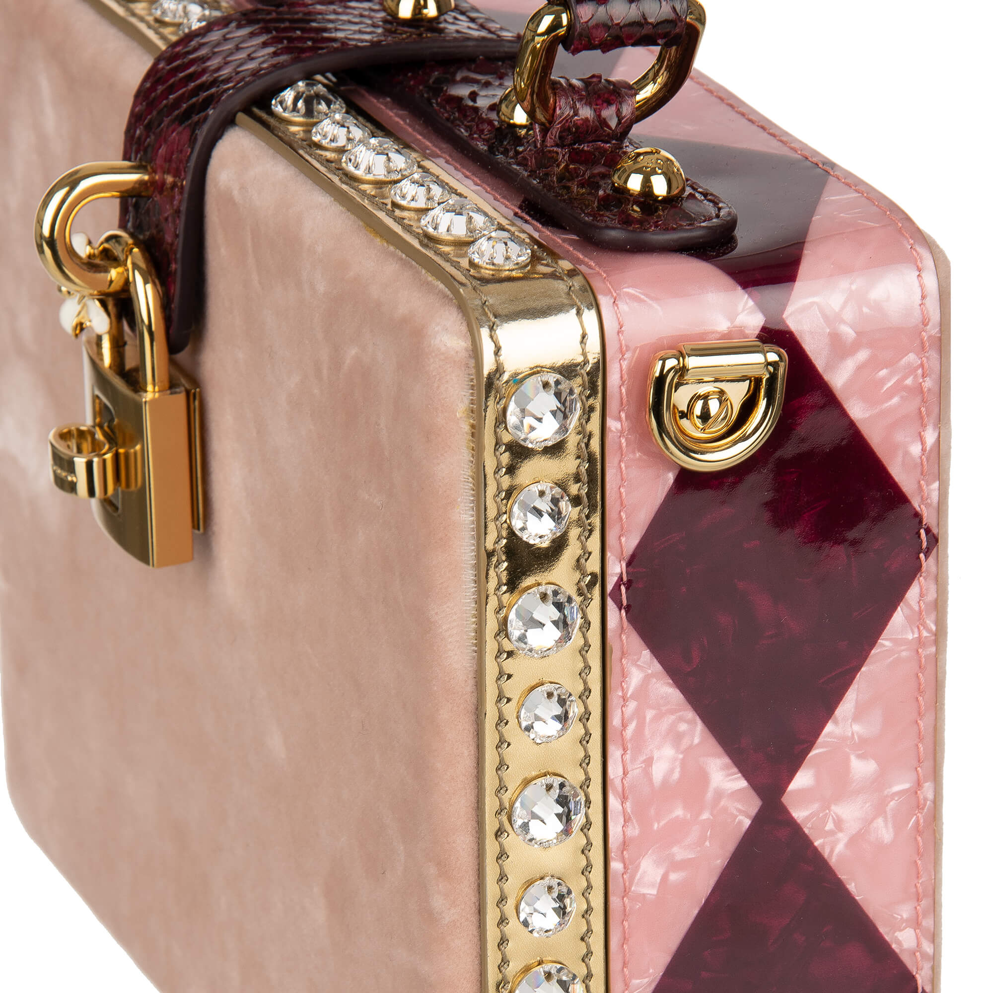 Unique handmade velvet and snakeskin clutch / shoulder bag DOLCE BOX with crystals and decorative padlock by DOLCE & GABBANA