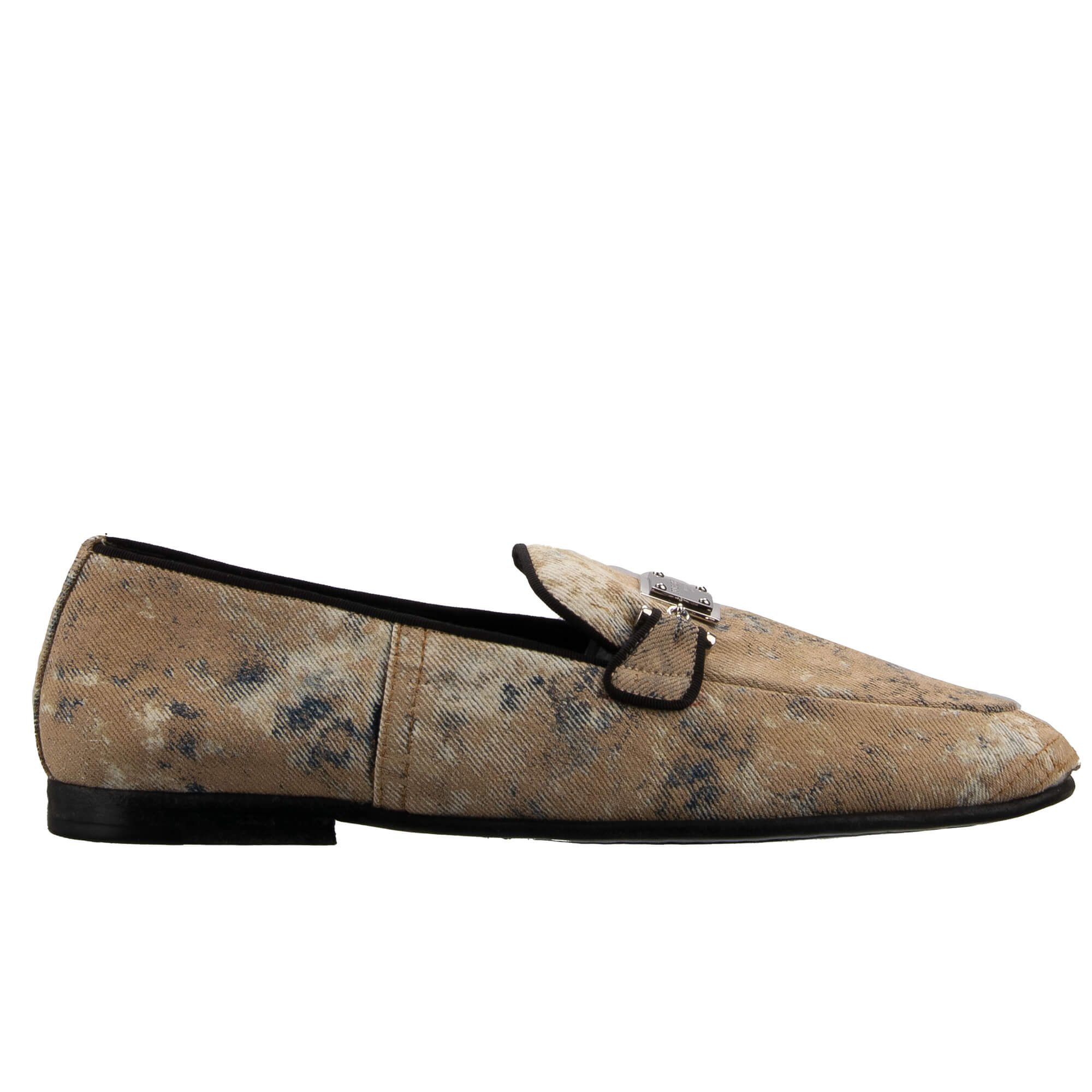 One of a kind coated effect denim fabric moccasins shoes ERICE with DG Metal Logo Plate in beige by DOLCE & GABBANA