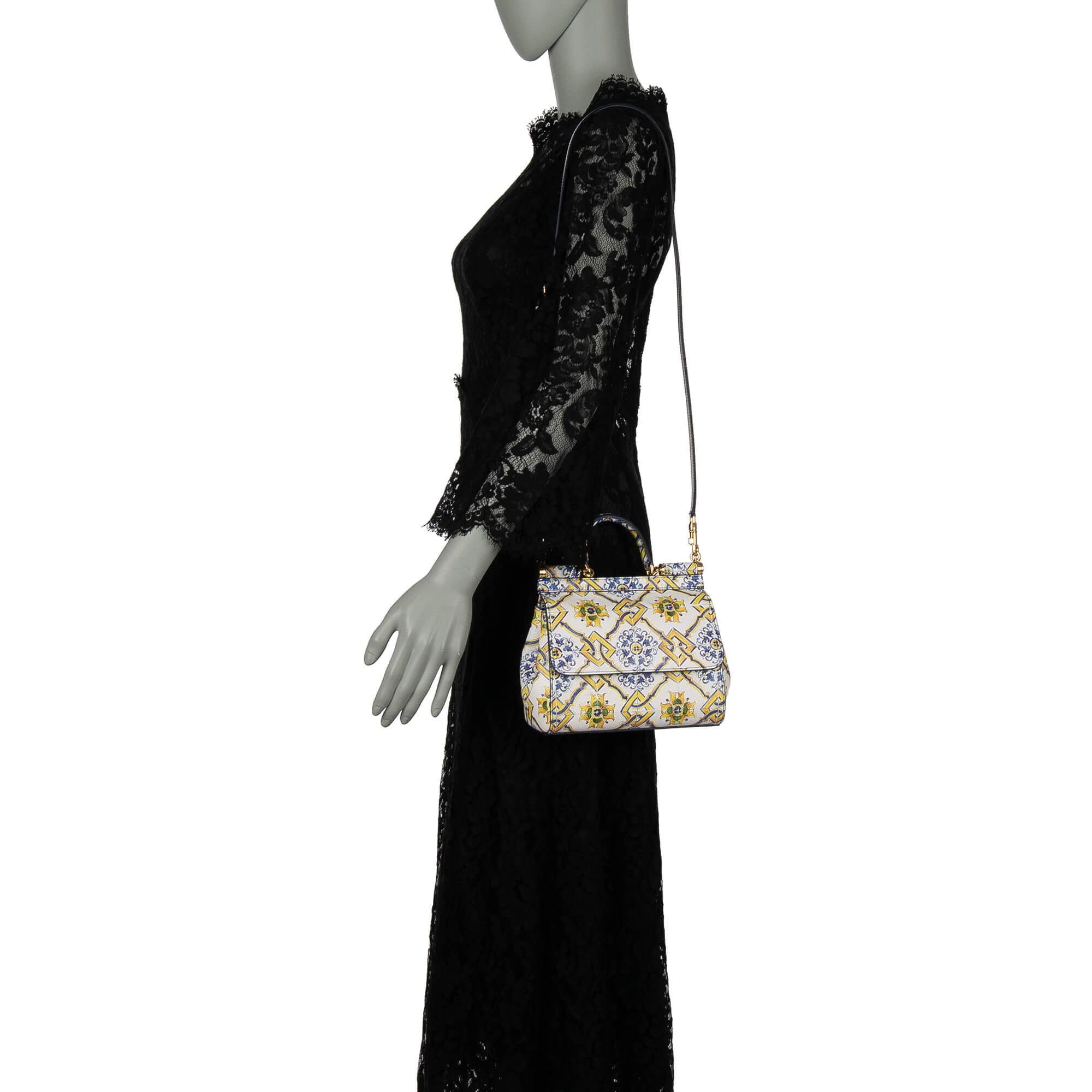 Hand- / Schultertasche SICILY Mini aus Dauphine Leder mit Majolika Print und Logo Schild von DOLCE & GABBANA