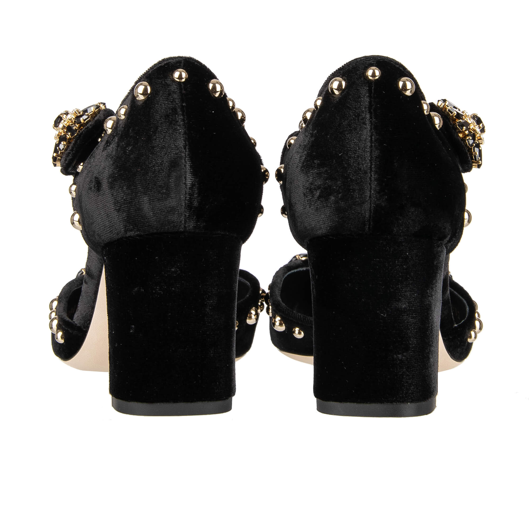 Elastic Velvet Mary Jane Pumps VALLY embellished with crystals, studs, large rose and crystals brooch by DOLCE & GABBANA
