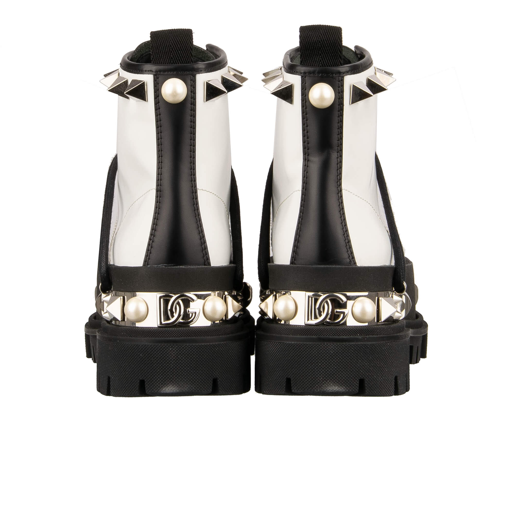 Leder Plateau Combat / Biker Stiefel mit Nieten, Perlen und DG Metall Logo in Schwarz und Weiß von DOLCE & GABBANA
