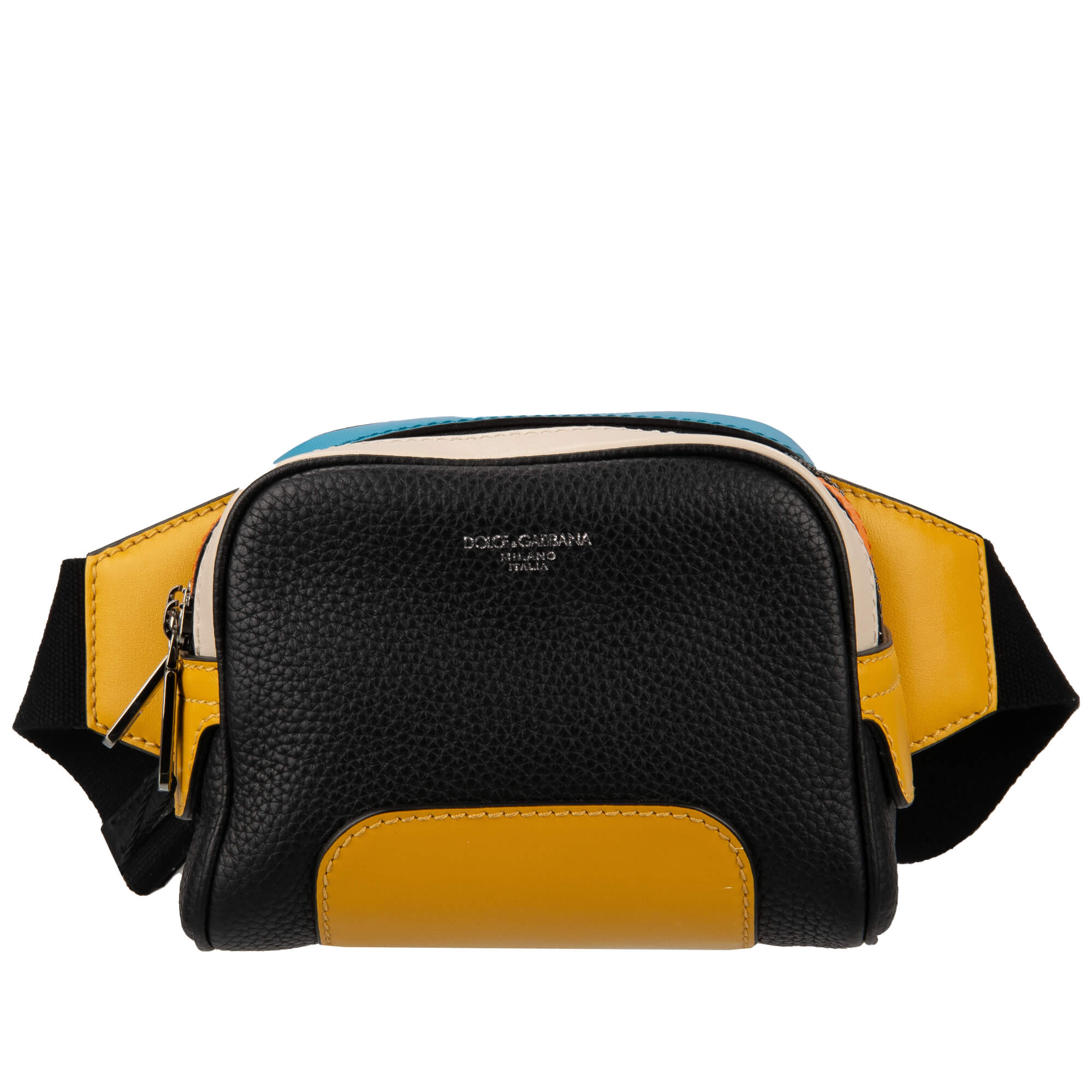 Small Leather Waist Bag with Zip Pockets and Logo Black