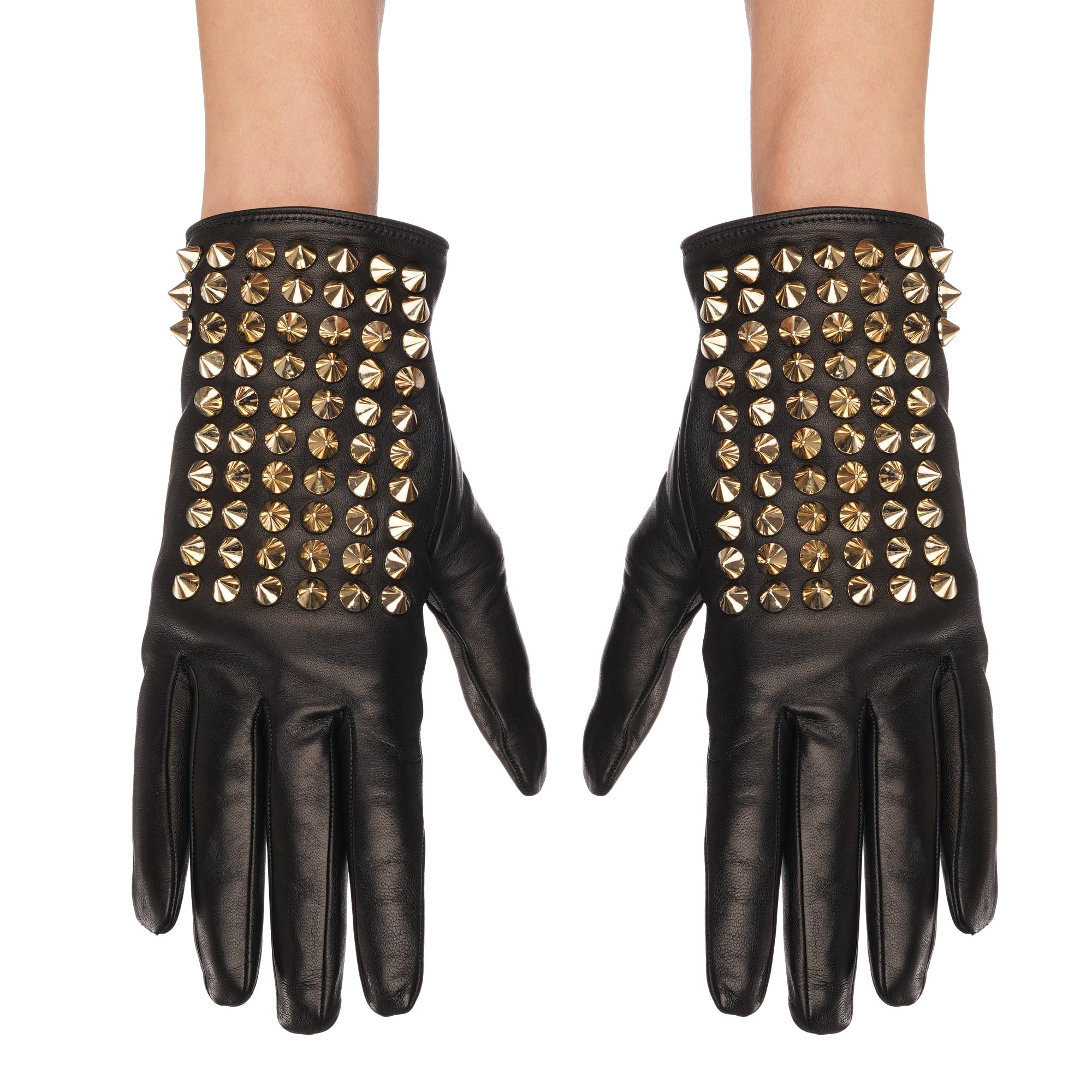 Diva Studded Leather Cashmere Gloves Black Gold 8.5