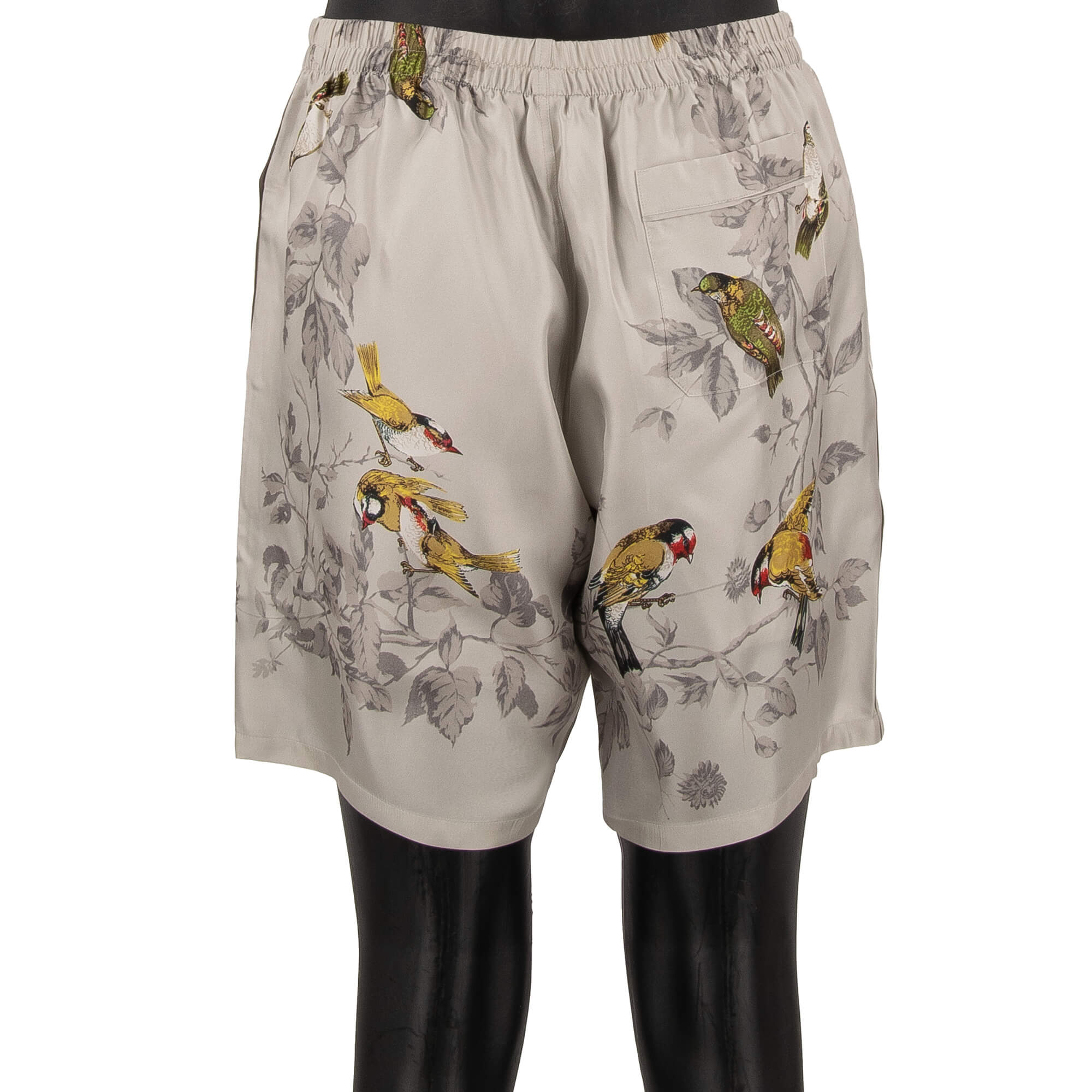 Silk Shorts with birds print, logo patch and back pocket in gray by DOLCE & GABBANA