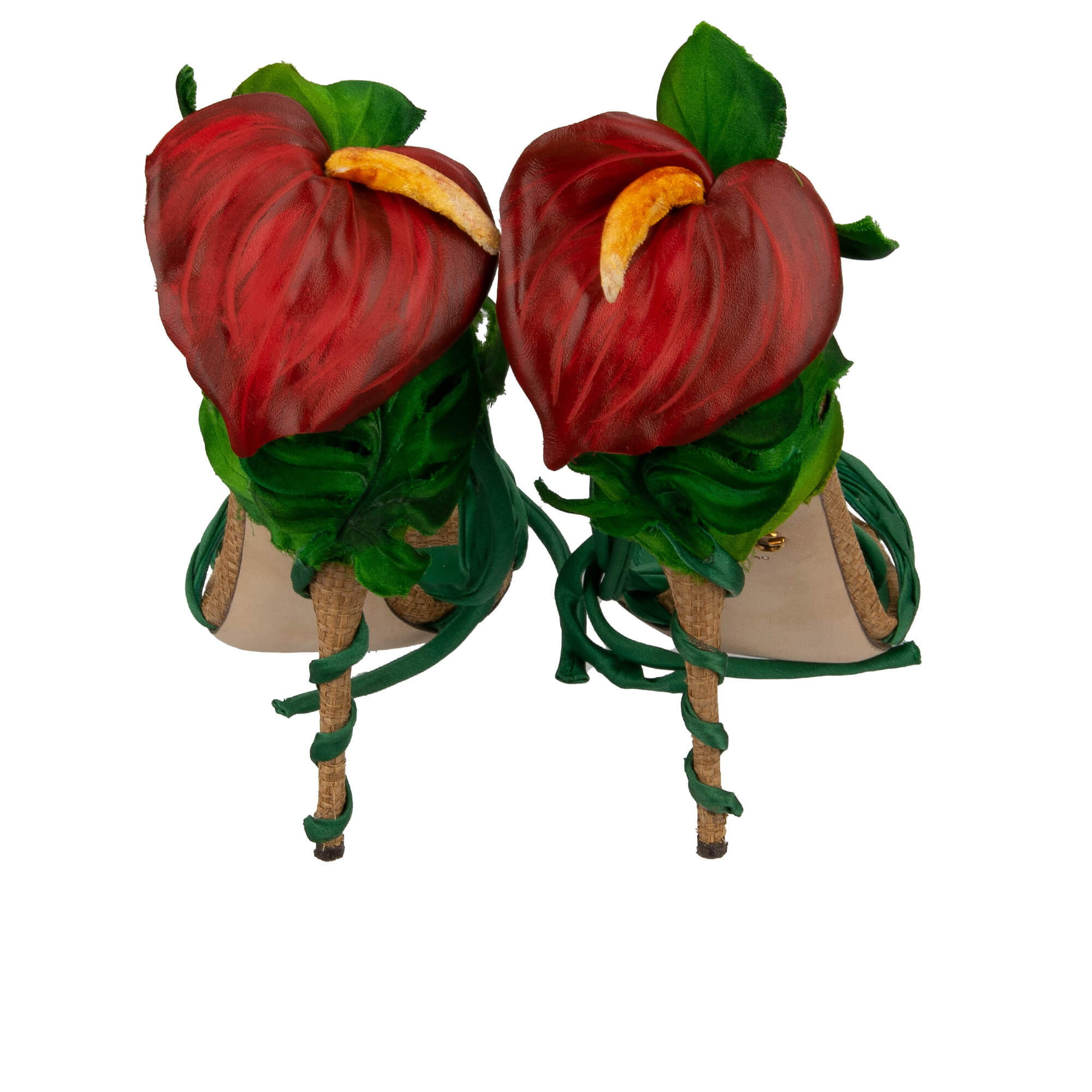 Leder, Seide und Raffia Pumps Sandalen KEIRA mit Hand-bemahlter Flamingo Blume und Riemchen von DOLCE & GABBANA