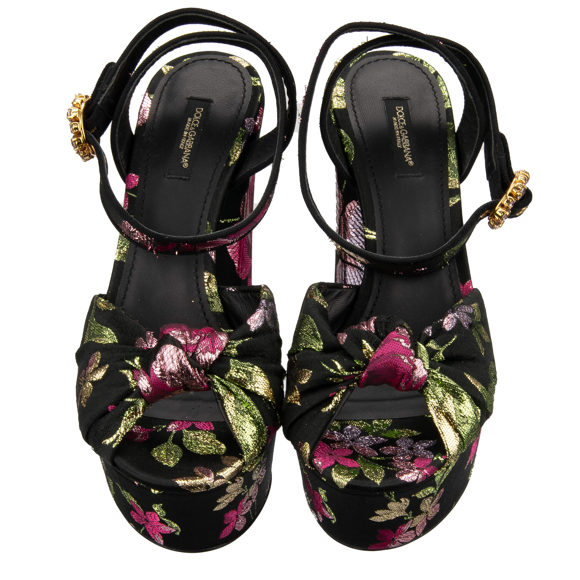 Flower Jacquard Plateau Leather Sandals KEIRA with crystal buckle in black, pink and green by DOLCE & GABBANA