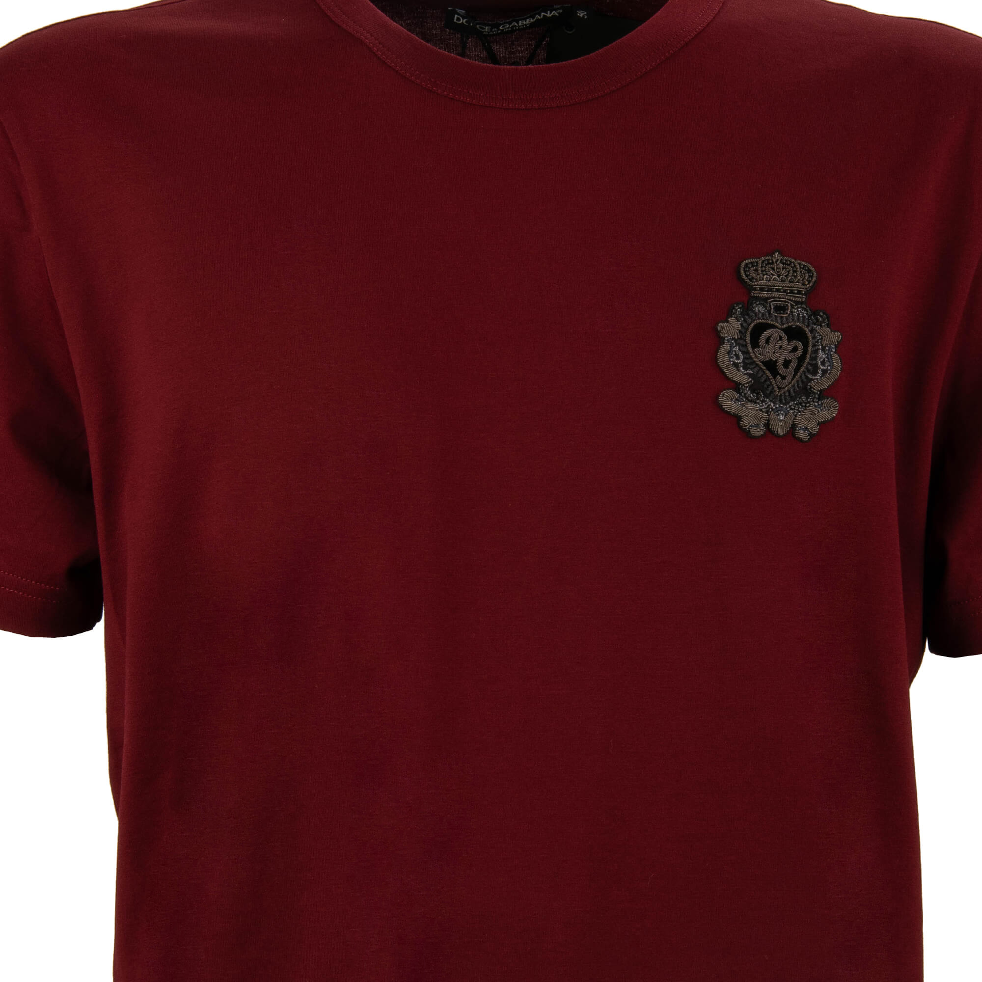 Cotton T-Shirt with goldwork metal crown embroidery logo patch in bordeaux by DOLCE & GABBANA