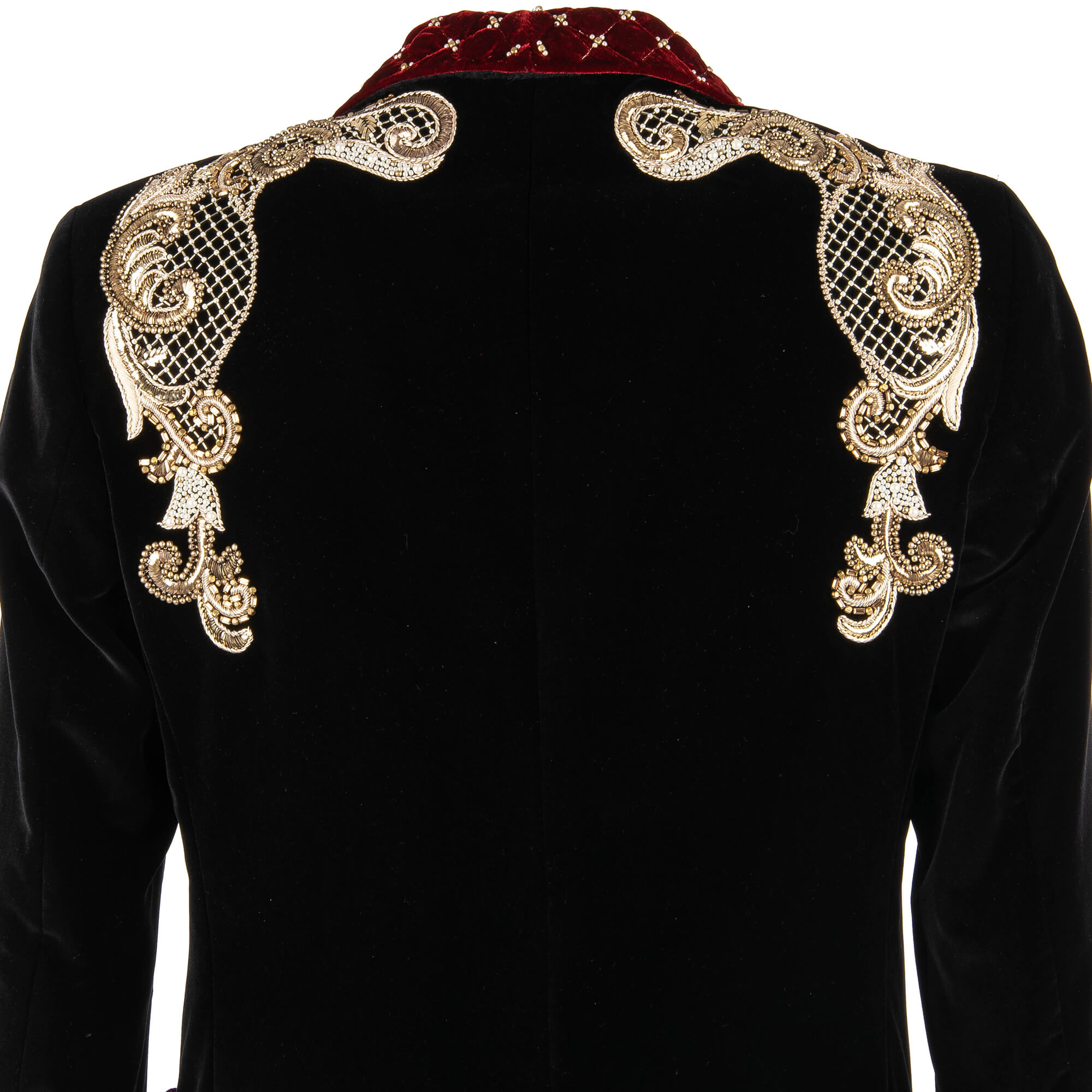 Stunning Baroque Style velvet tuxedo / blazer with handmade golden seam and pearls all-over embroidery, rope fastening studded shawl lapel and pockets by DOLCE & GABBANA