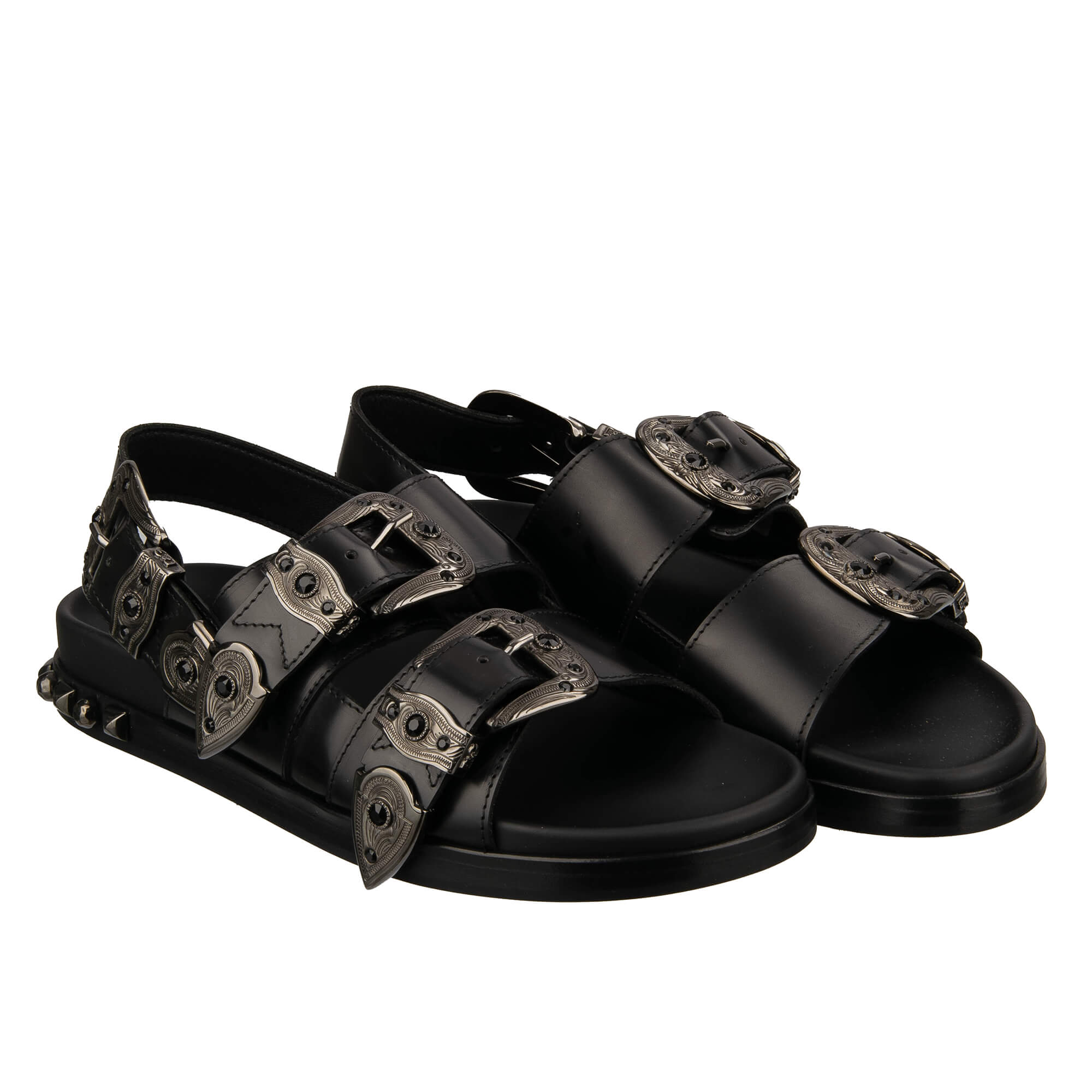 Studded leather Slides Sandals Shoes HAWAII with buckles embellished with crystals and DG logo in black by DOLCE & GABBANA 
