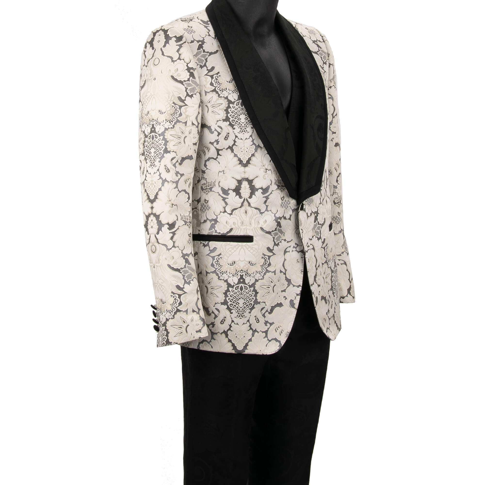 Baroque jacquard 3 piece suit, jacket, waistcoat, pants with shawl lapel in white and black by DOLCE & GABBANA 