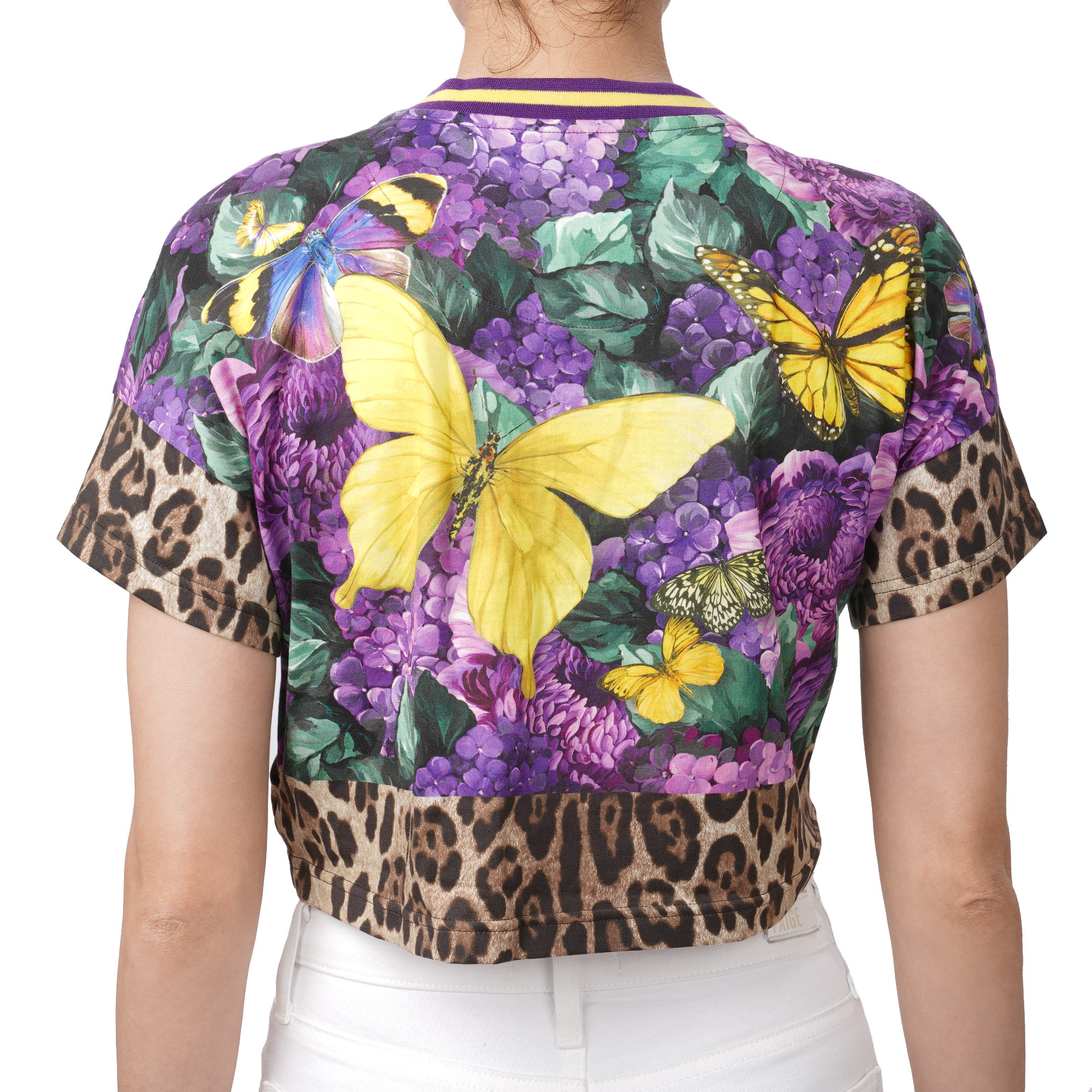Cotton Crop Top T-Shirt with Butterfly Leopard Flower print in purple by DOLCE & GABBANA X DJ KHALED