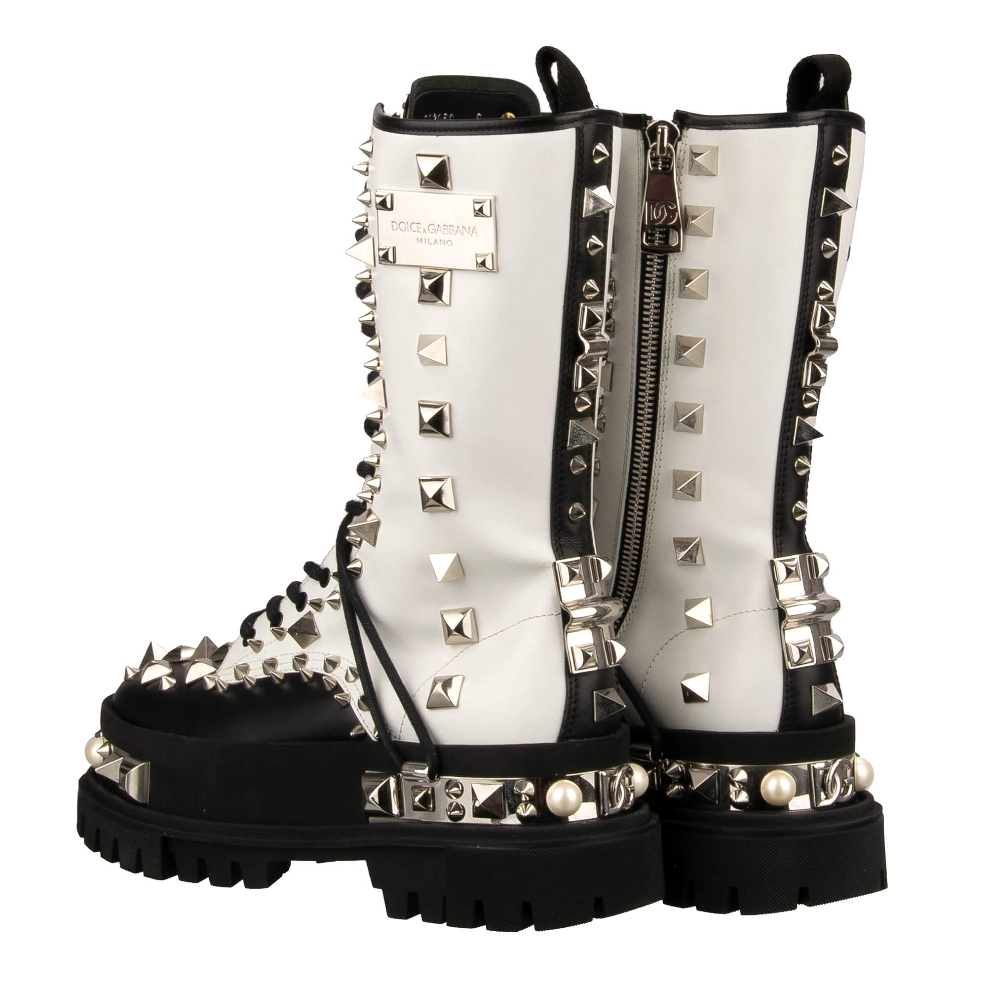 Massive Leder Hi Trekking Plateau Trekking Combat / Biker Stiefel mit überall verteilten Nieten, Perlen und DG Logo in Schwarz und Weiß von DOLCE & GABBANA