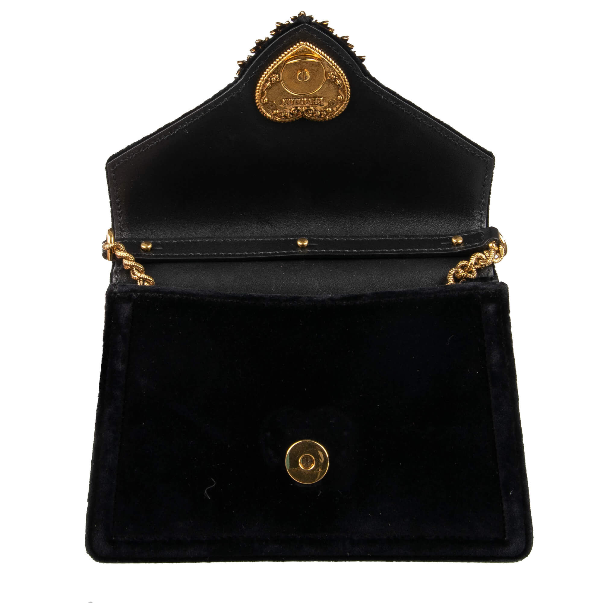 Top Handle / Crossbody Velvet Bag DEVOTION with a jeweled heart buckle with DG Logo and detachable metal chain strap by DOLCE & GABBANA