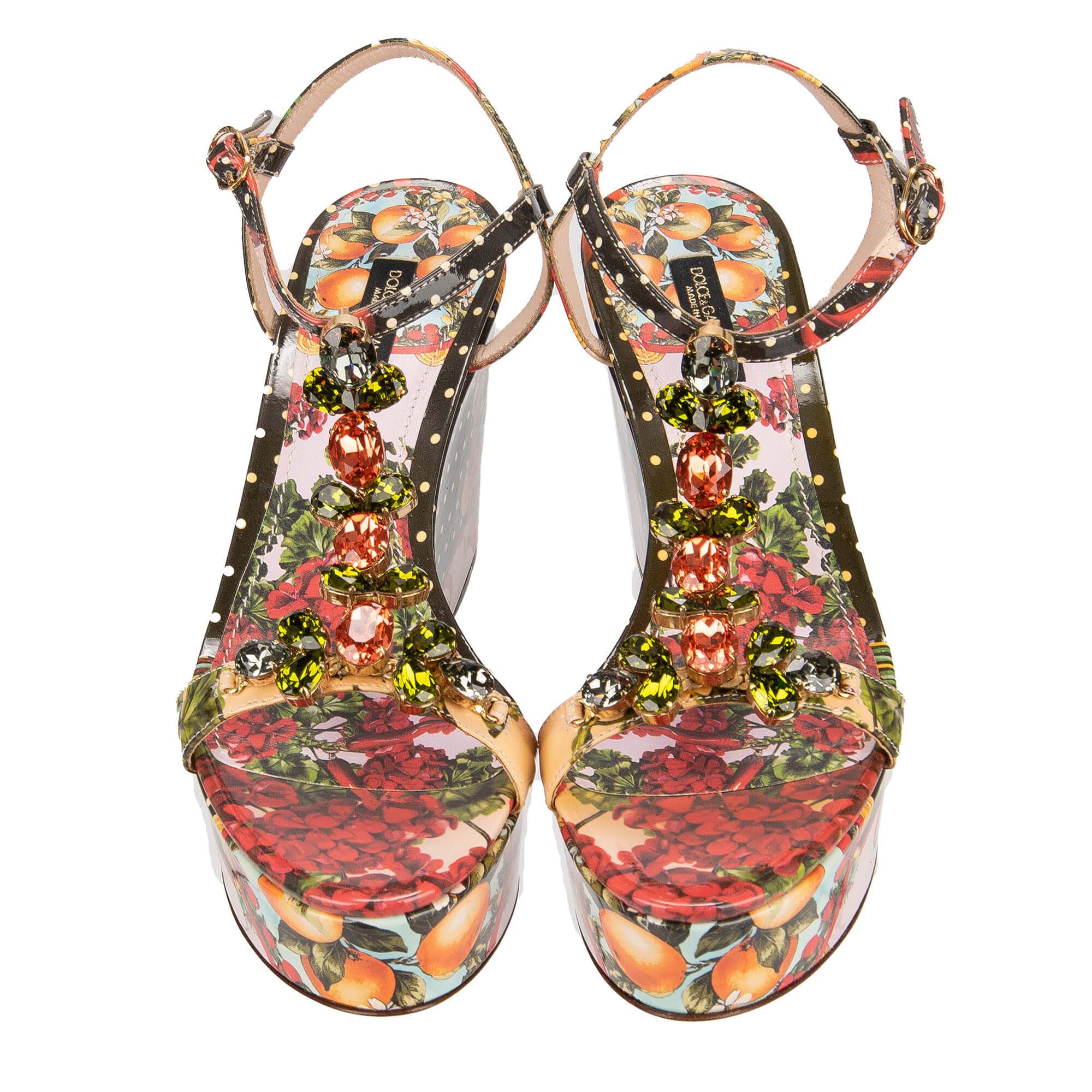 Lackleder Plateau Sandalen / Wedges BIANCA mit mehrfarbigen Kristallen, Orangen, Geranium und Polka Dot Print von DOLCE & GABBANA