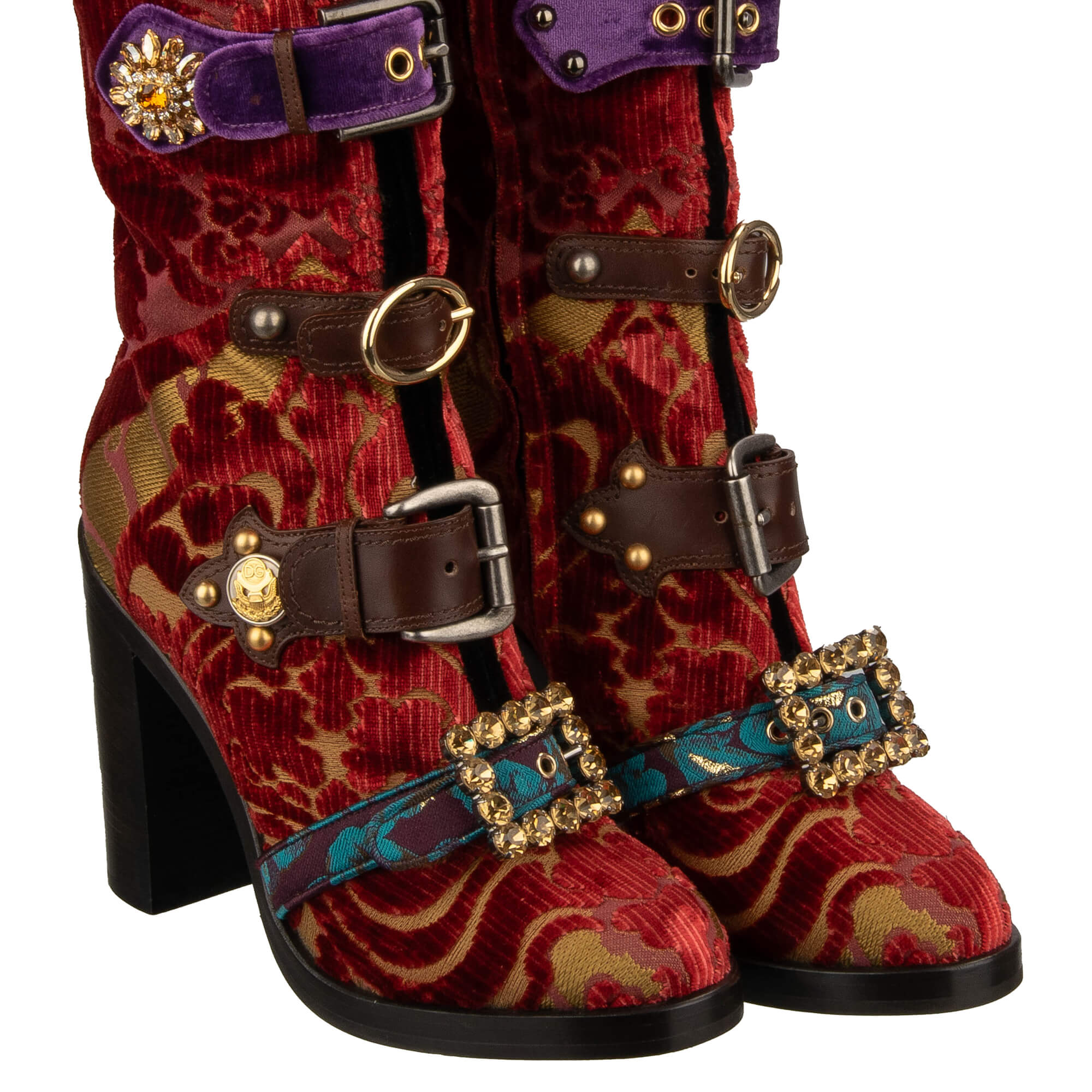 Stiefel LAWRENCE aus Barock Jacquard und Leder mit Kristall, Perlen und Nieten Schnallen von DOLCE & GABBANA