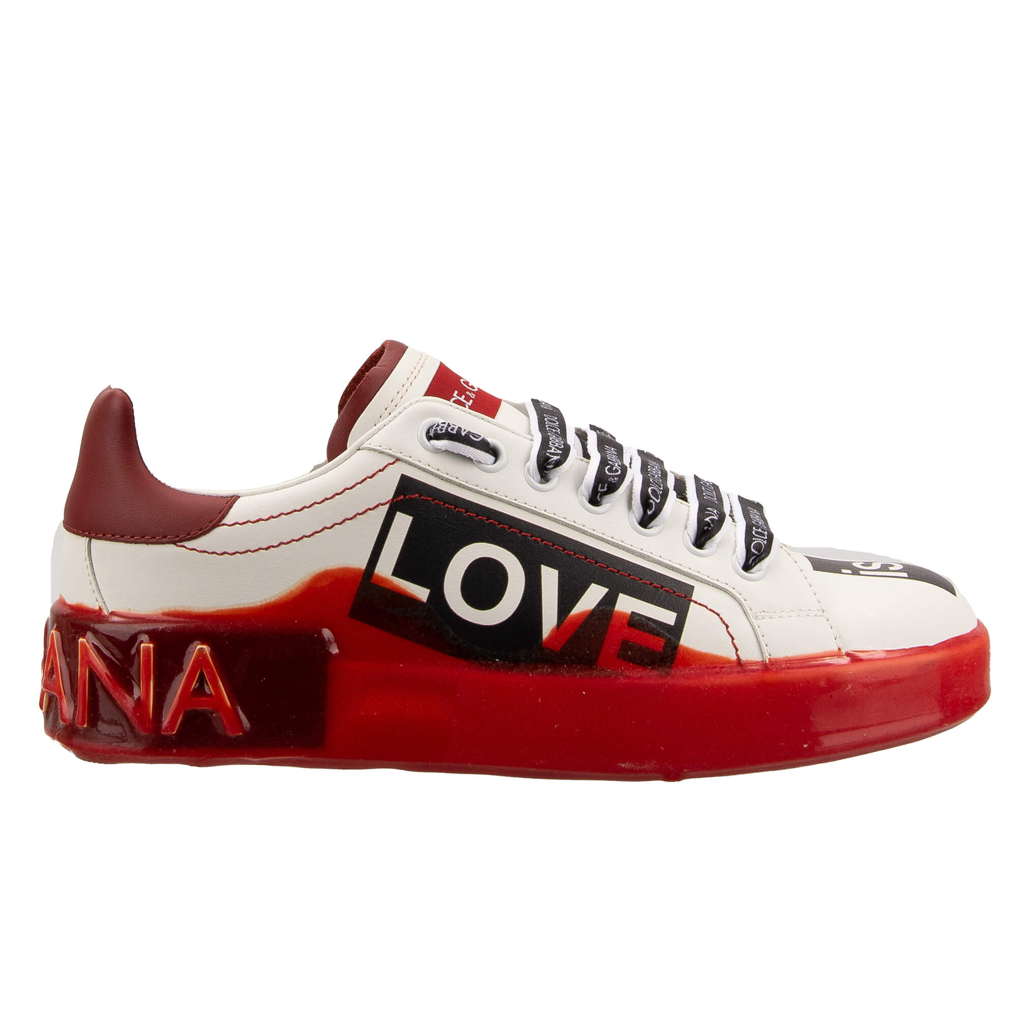 Lace Sneaker PORTOFINO with DG logo and LOVE IS LOVE print in white and red by DOLCE & GABBANA