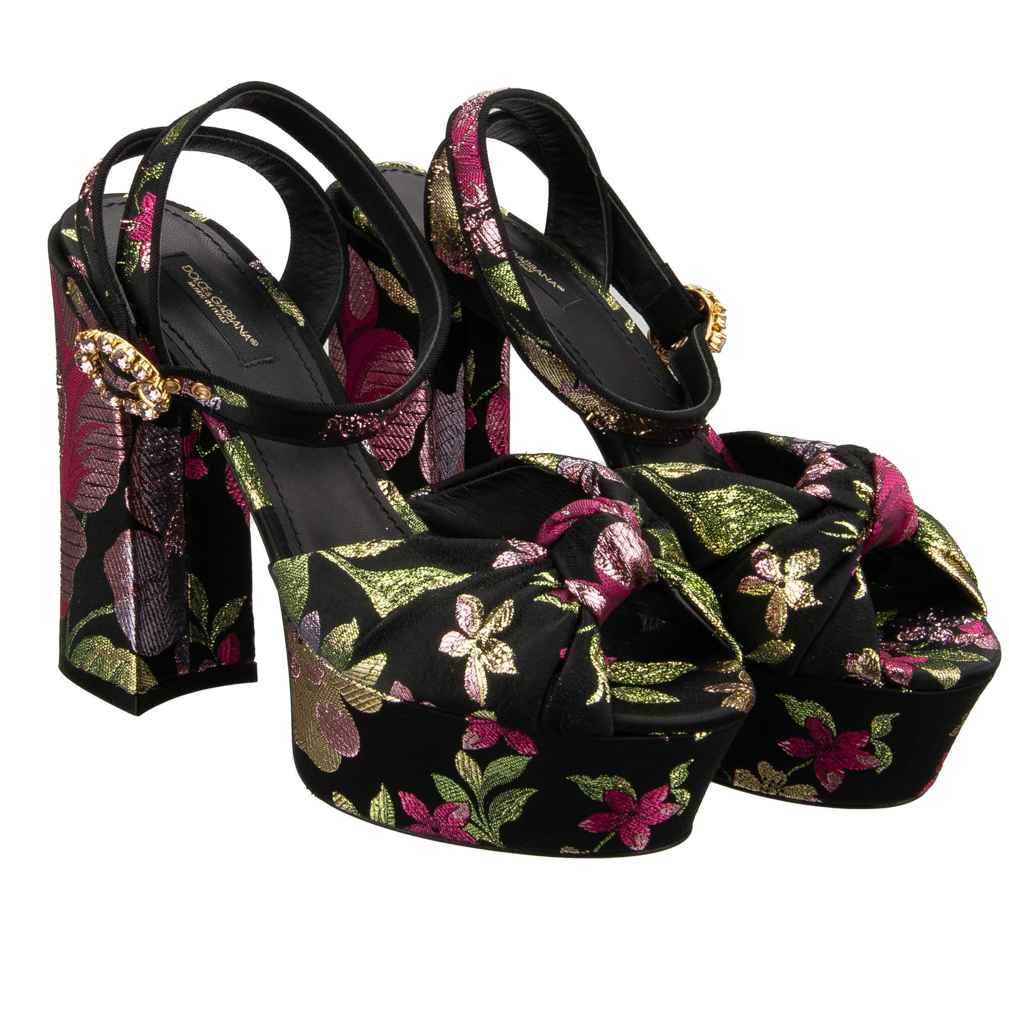 Flower Jacquard Plateau Leather Sandals KEIRA with crystal buckle in black, pink and green by DOLCE & GABBANA