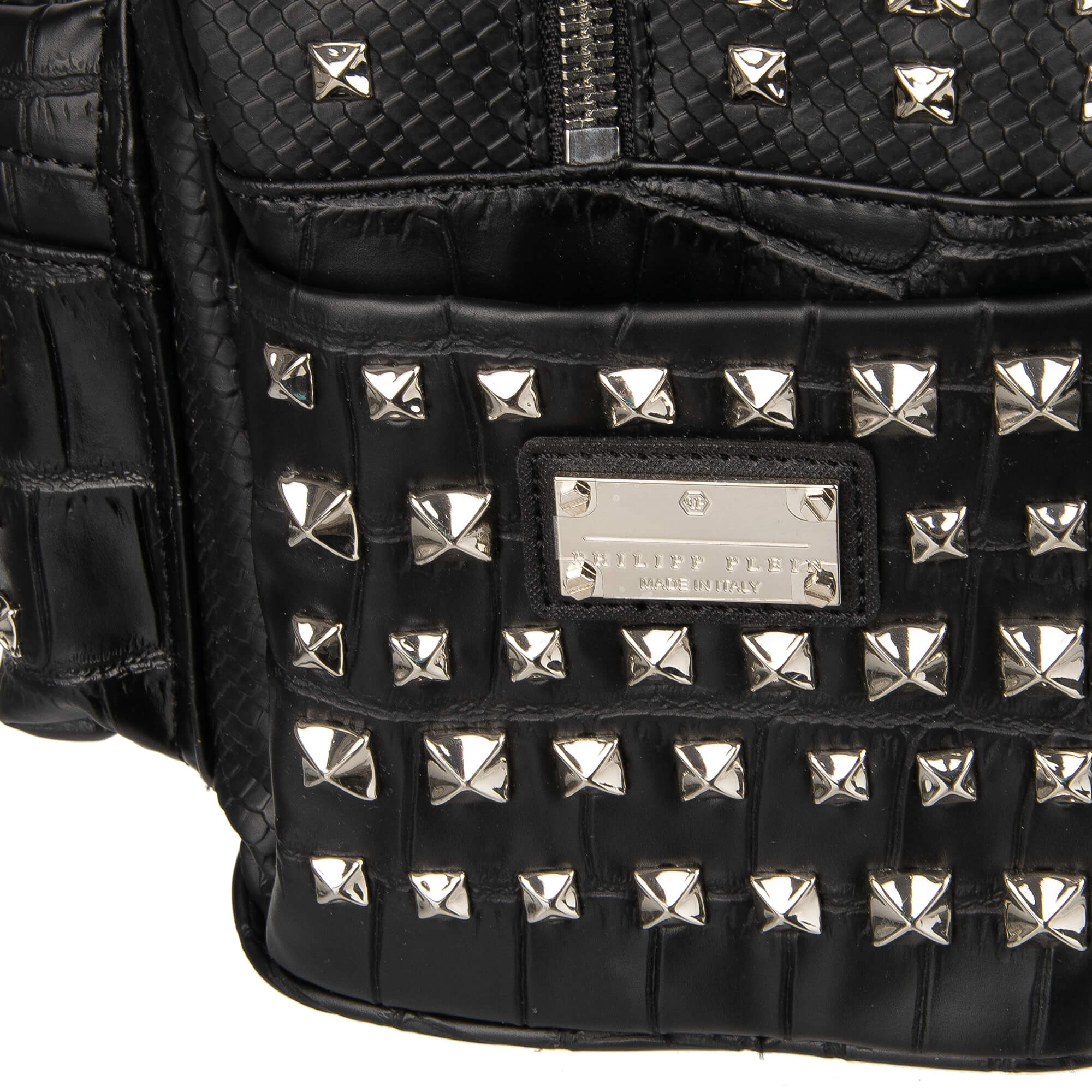 Studded PVC Backpack NOW with snake texture and logo plates by PHILIPP PLEIN
