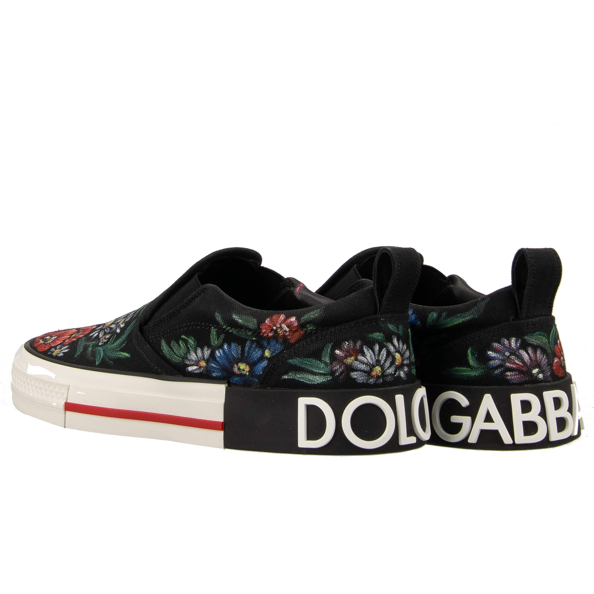 Handbemahlte Blumen Exklusive Damen Slip On Sneaker DONNA mit DG Logo in Schwarz und Weiß von DOLCE & GABBANA