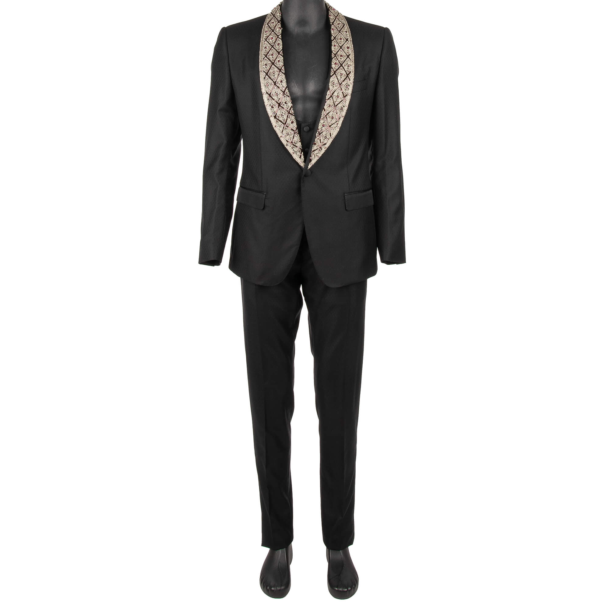 Wool an Silk Blend 3 piece suit with crystals, pearls and sequin embroidered shawl lapel in silver, purple and black by DOLCE & GABBANA