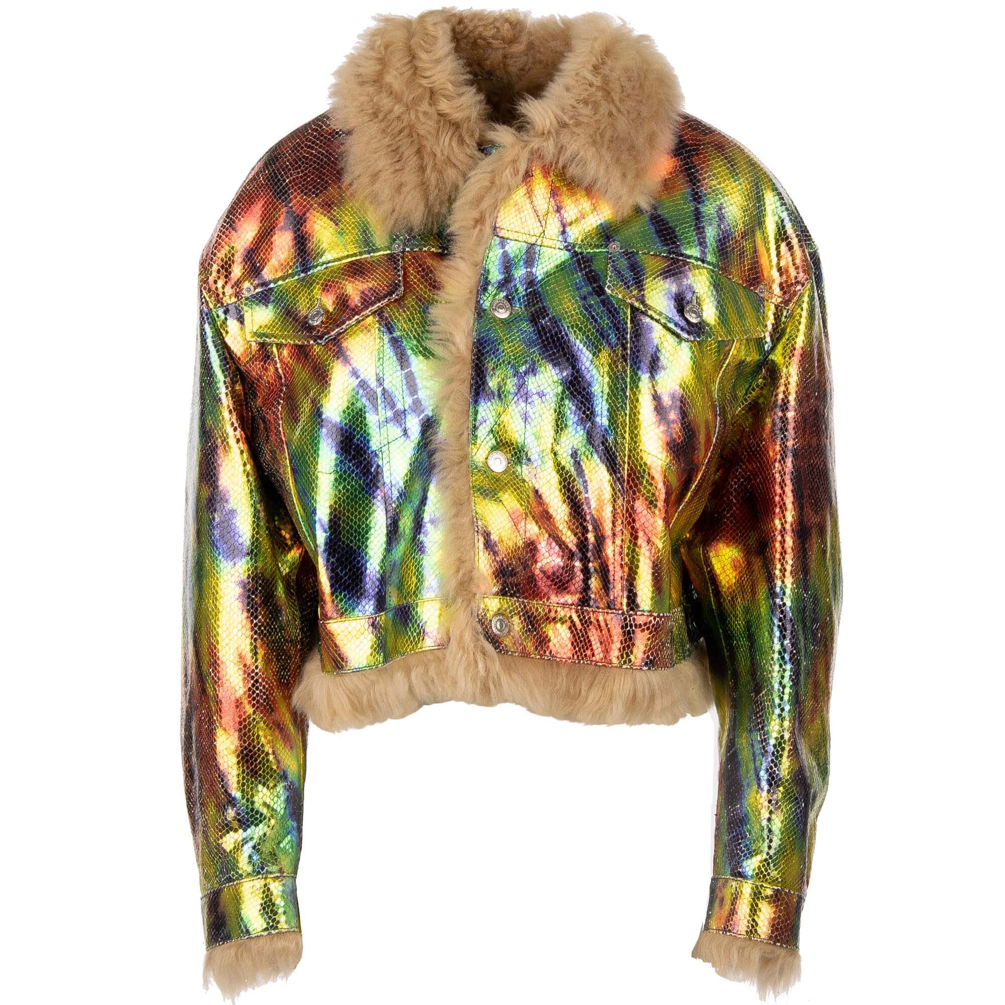 Jacke / Parka aus Leder und Pelz mit Perlen Stickerei in Rot, Schwarz und Grün von DSQUARED