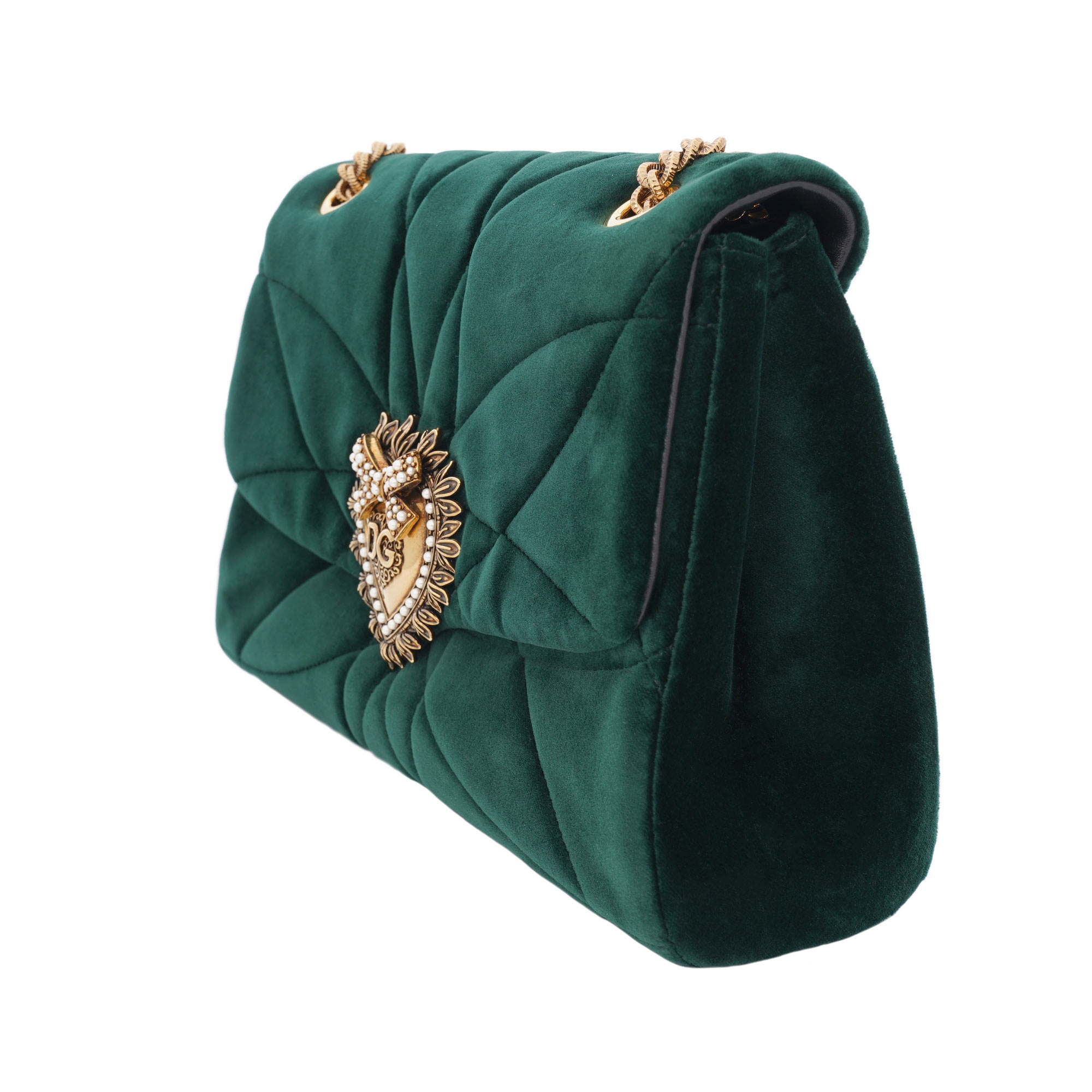 Velvet Crossbody Bag / Shoulder Bag DEVOTION with pearl heart buckle with DG Logo and structured metal chain strap by DOLCE & GABBANA