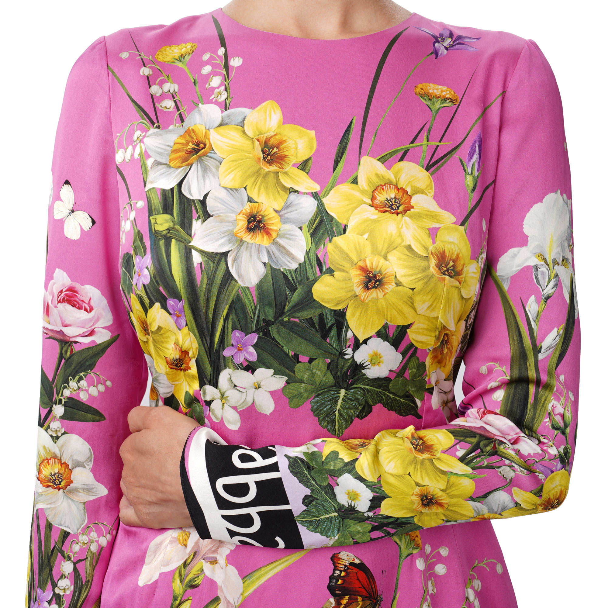 Silk dress with DG Logo, daffodil, lily of the valley flower and rabbit print in pink by DOLCE & GABBANA