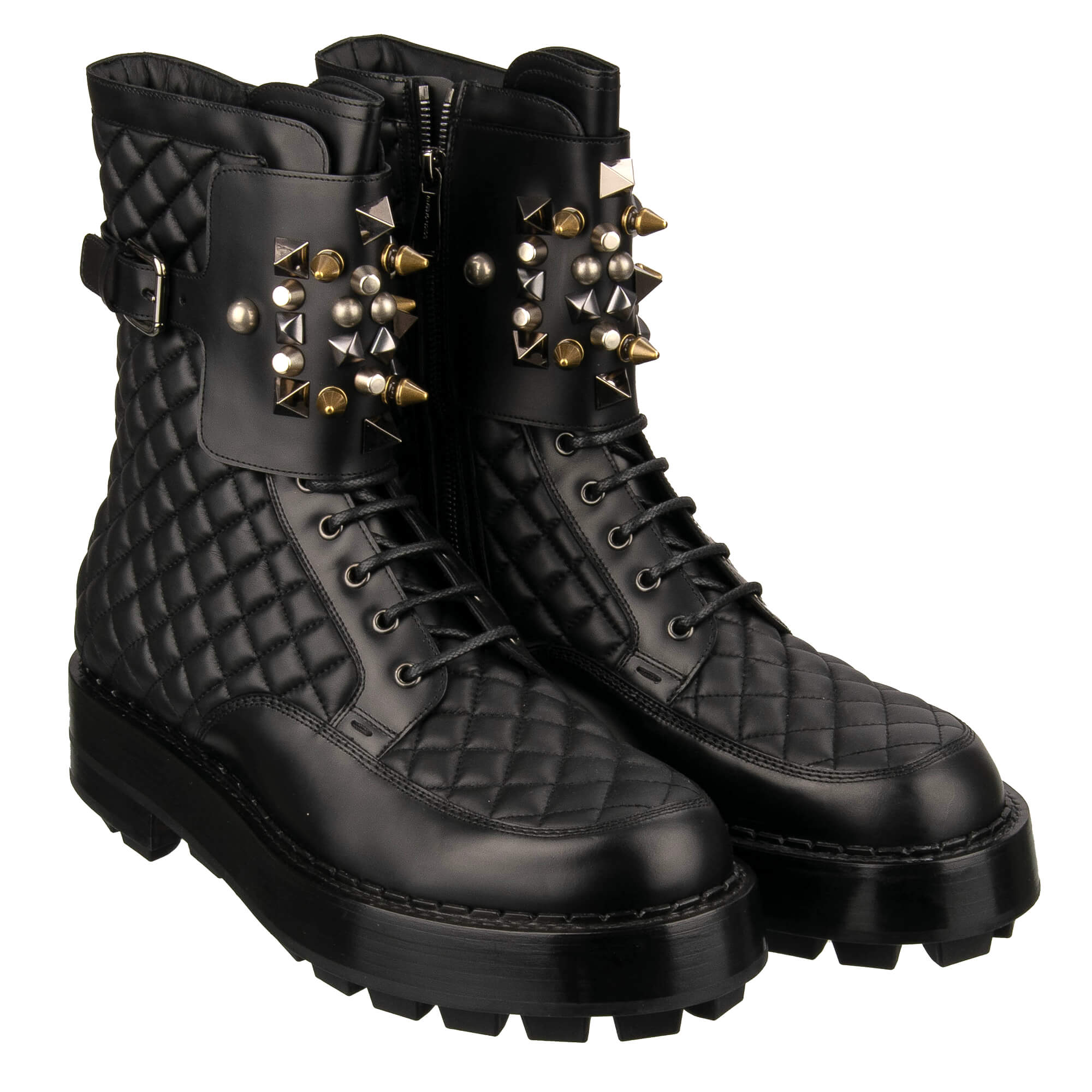 Plateau Top Track Combat / Biker Stiefel aus gestepptem Leder mit Nieten, Logo und Reißverschluss in Schwarz von DOLCE & GABBANA