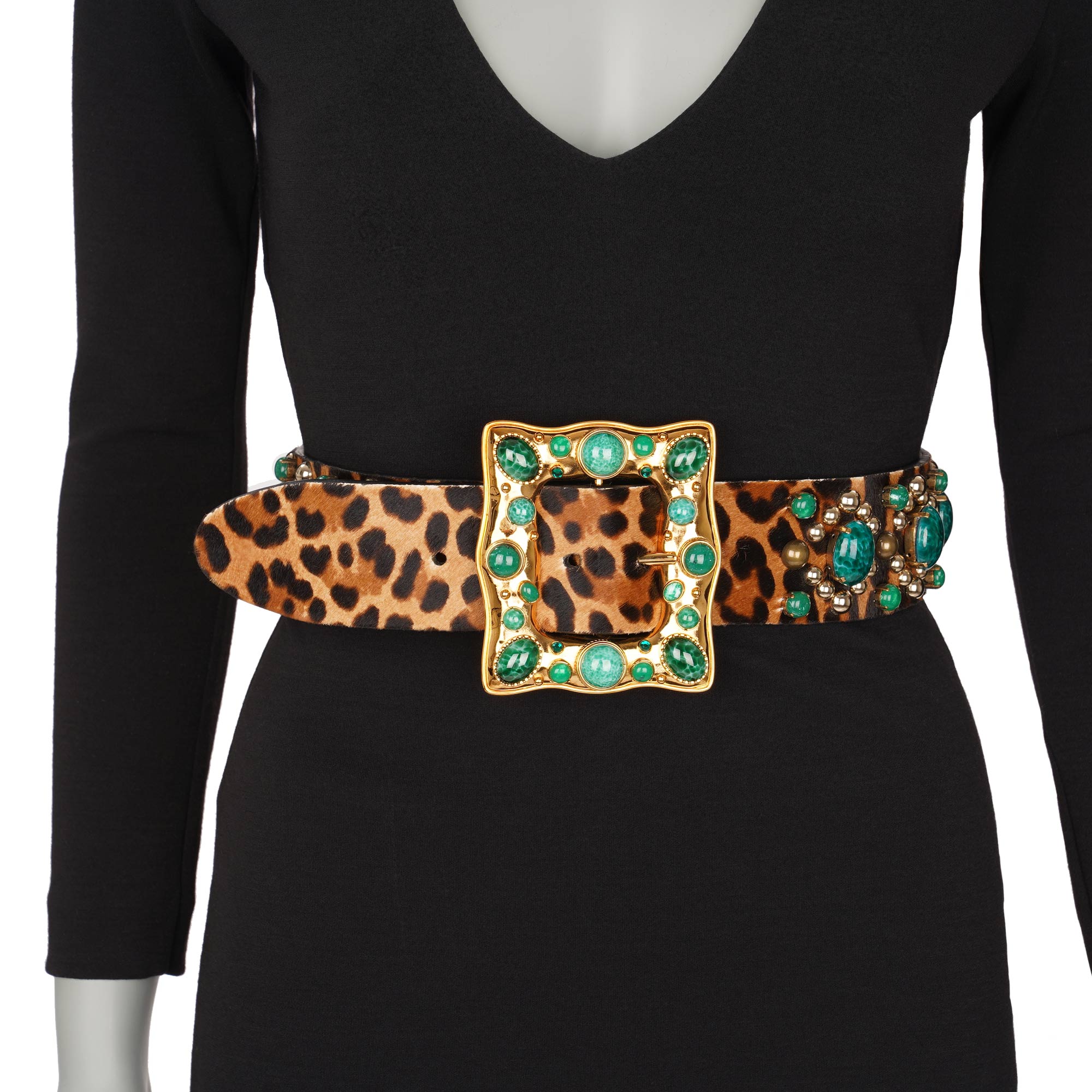 Gürtel aus Leopard Print Pelz und Leder mit Metall Perlen und Plastik Steinen in Braun, Schwarz und Gold von DOLCE & GABBANA 