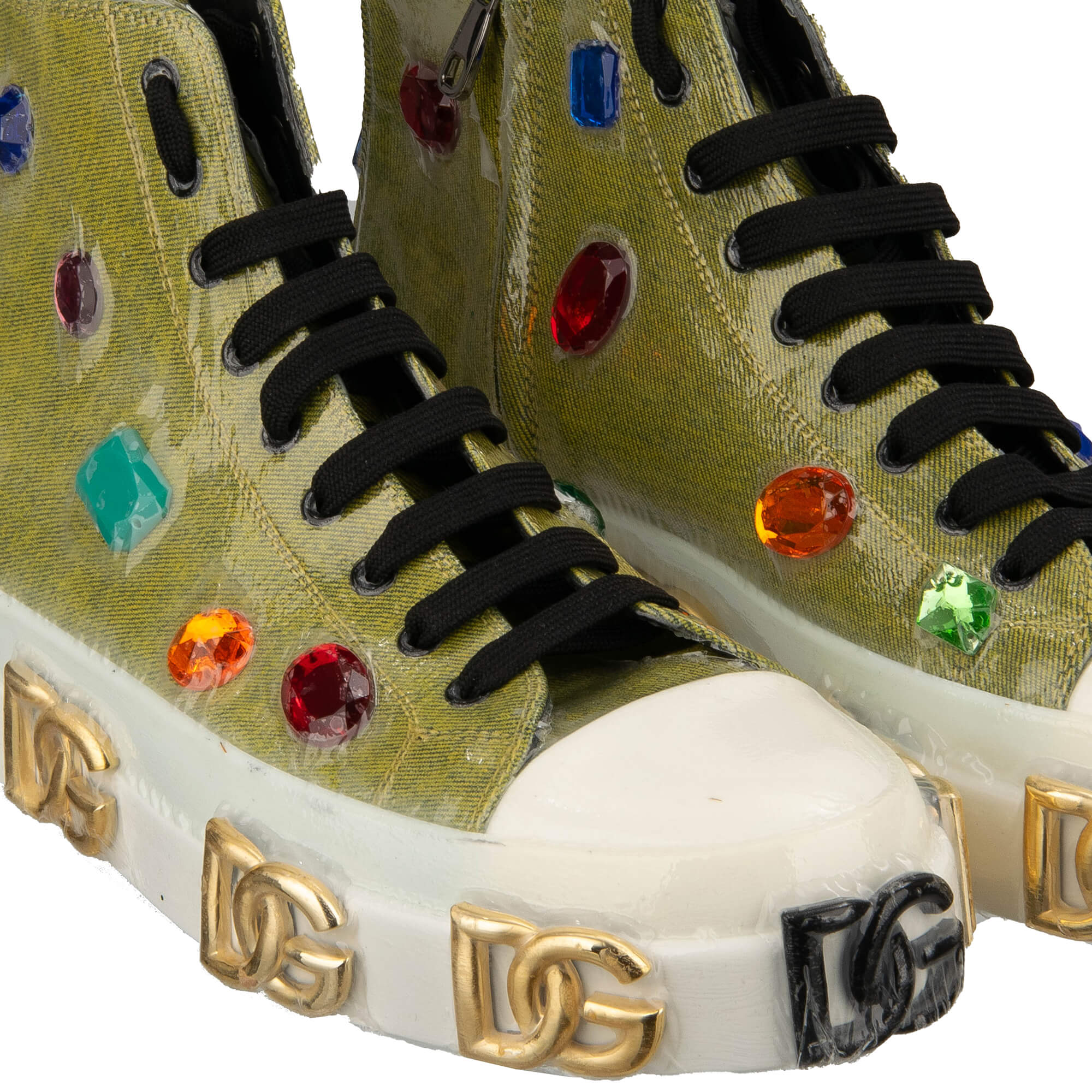 High Top Denim Stoff und Leder Sneaker PORTOFINO mit DG Gold Logos und Kristallen in Grau und Weiß von DOLCE & GABBANA