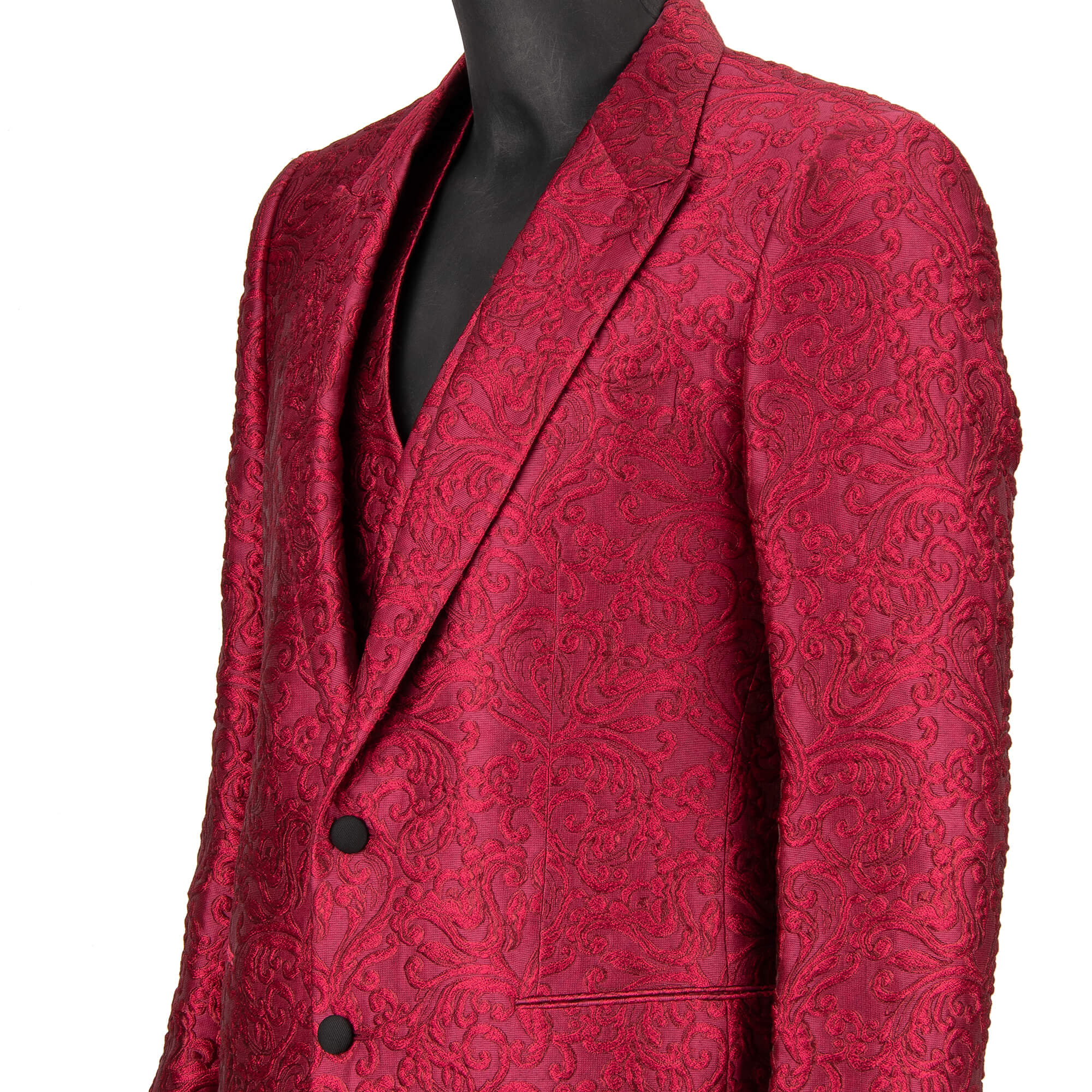 Baroque jacquard 3 piece suit, jacket, waistcoat, pants with peak lapel in pink by DOLCE & GABBANA 