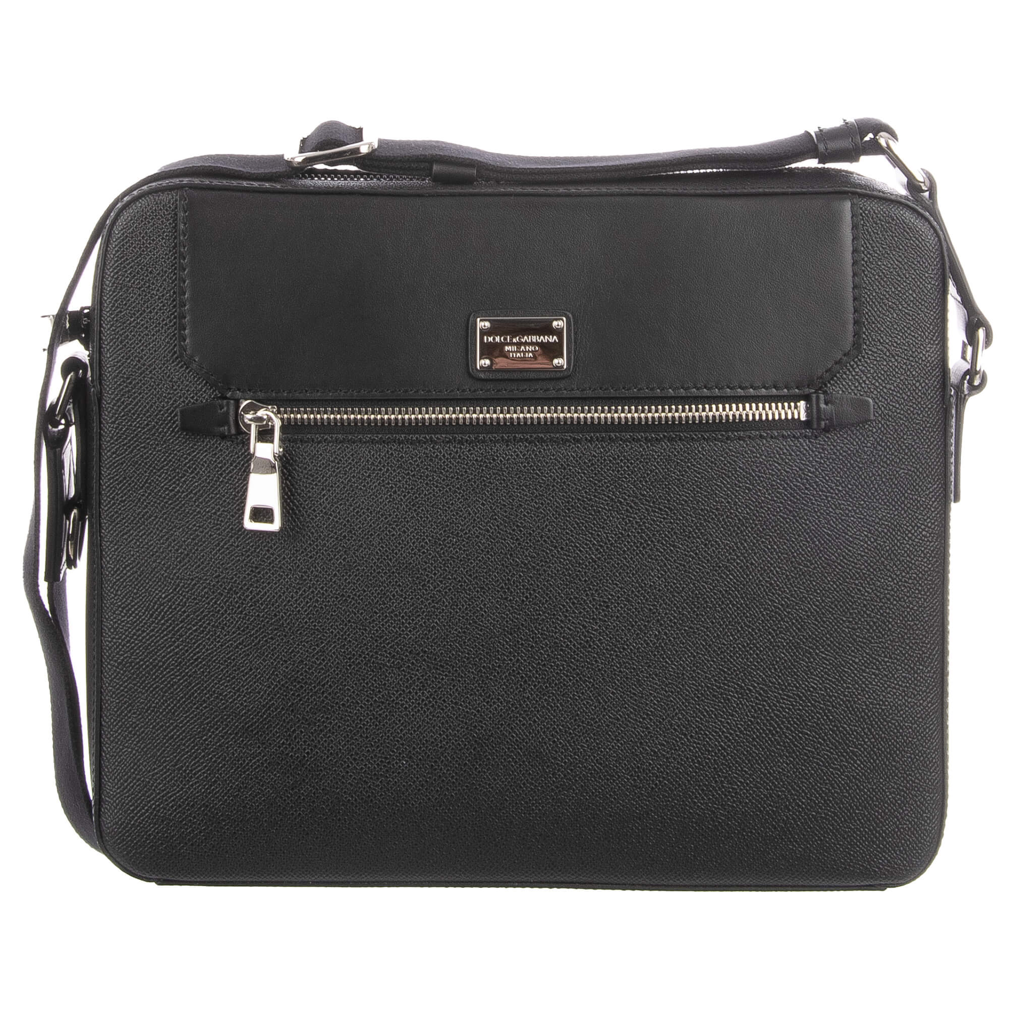 Dauphine Leather Crossbody Messenger Bag with Logo and Pockets Black