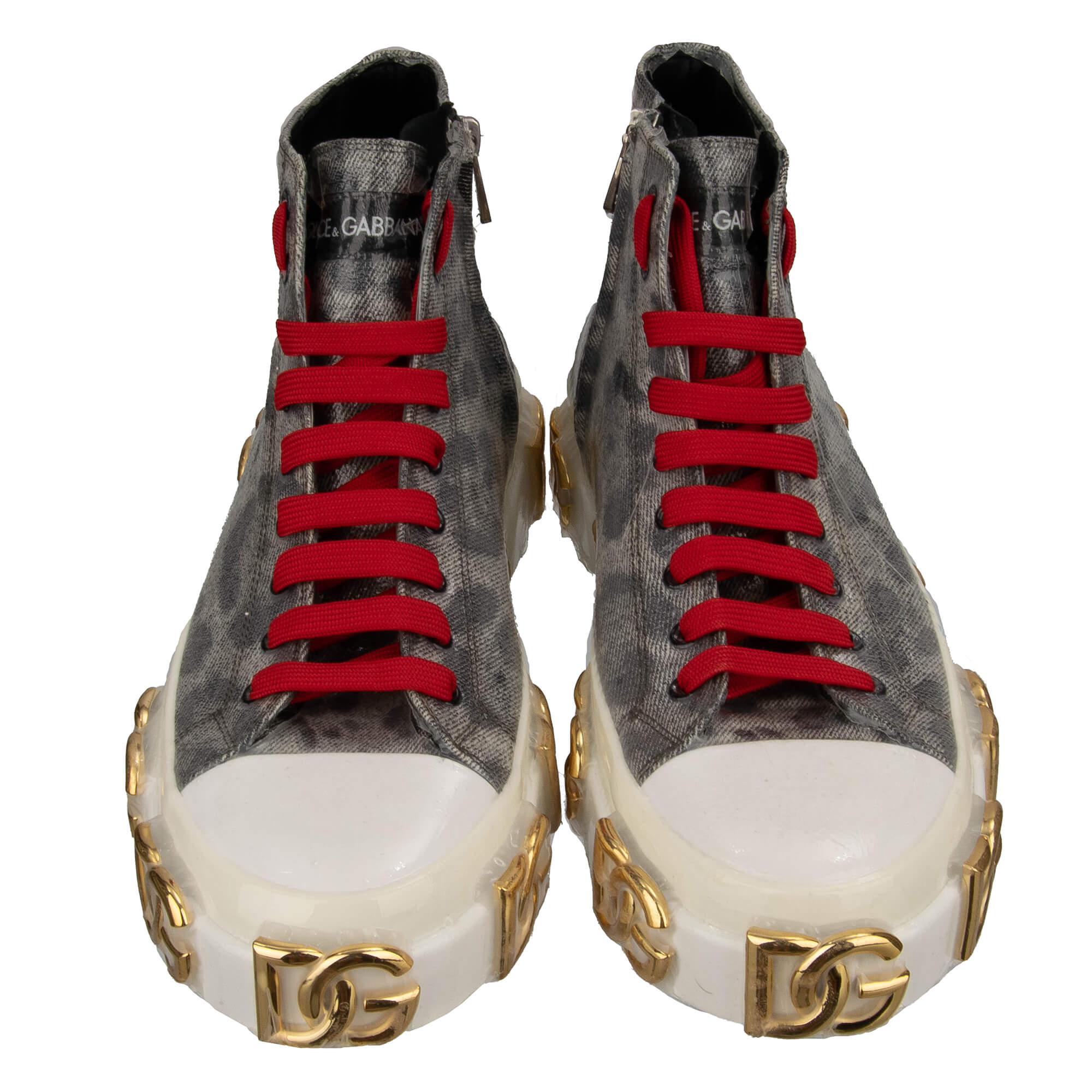 High Top Leopard Stoff und Leder Sneaker PORTOFINO mit DG Gold Logo und Plastik Folie Design in Grau und Weiß von DOLCE & GABBANA