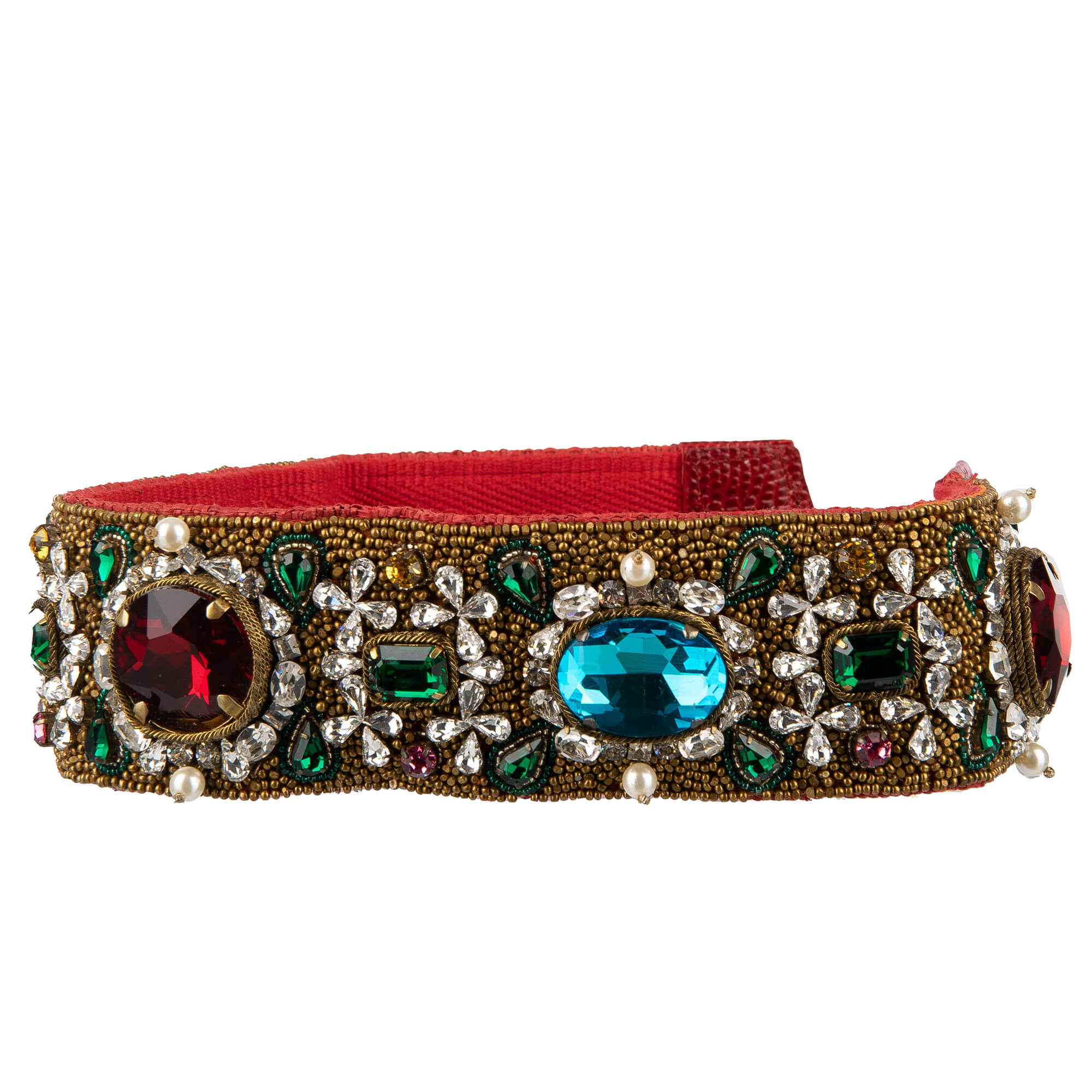 Schulterriemen für Tasche aus Baumwolle und Raffia in Rot und Gold verziert mit Perlen und Kristallen Handstickerei von DOLCE & GABBANA