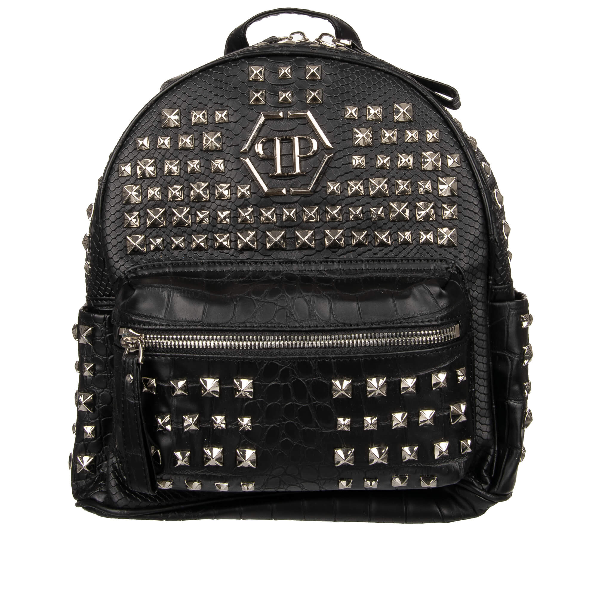 Studded PVC Backpack NOW with snake texture and logo plates by PHILIPP PLEIN