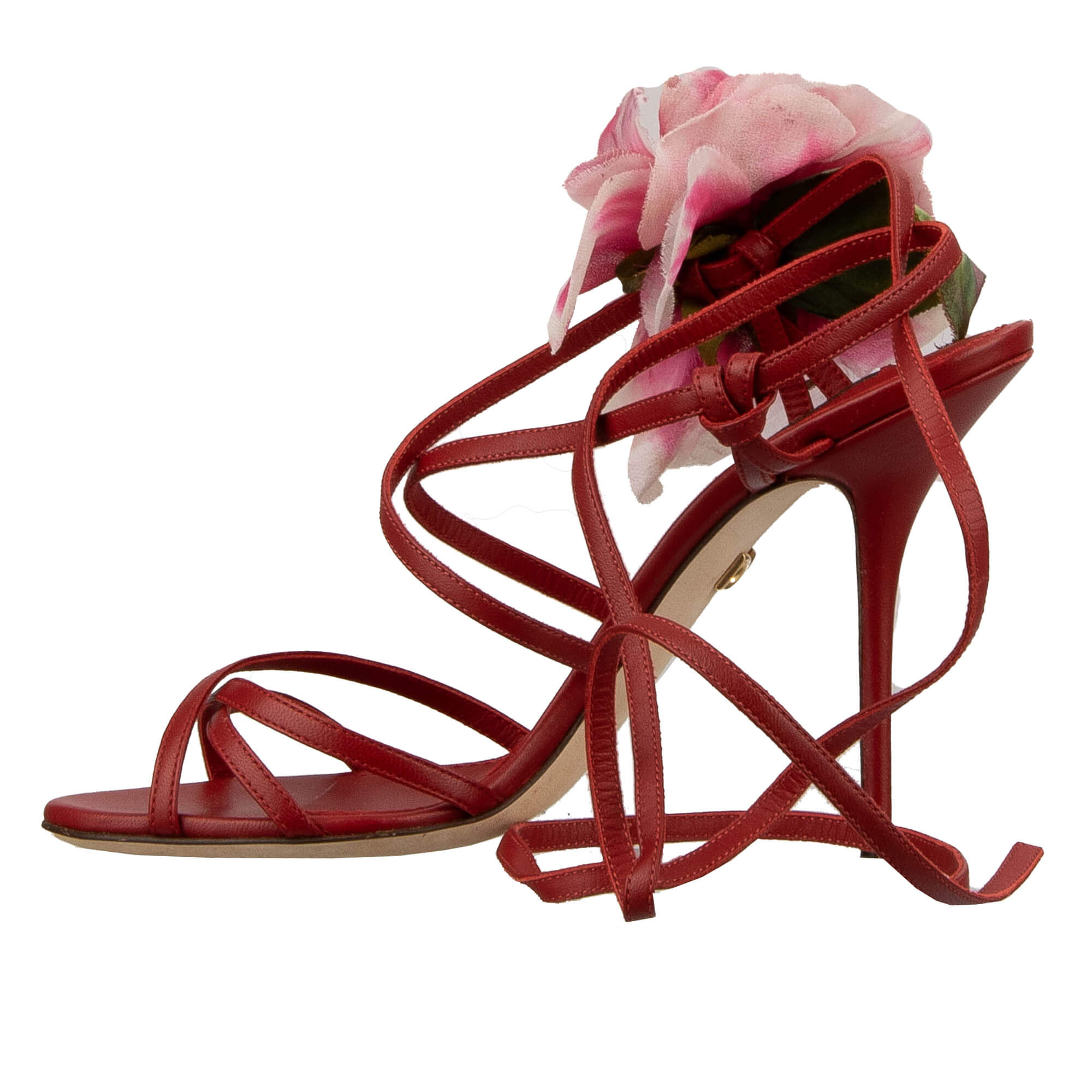 Leder Pumps Sandalen KEIRA mit Seide Pfingstrose und Riemchen in rot von DOLCE & GABBANA