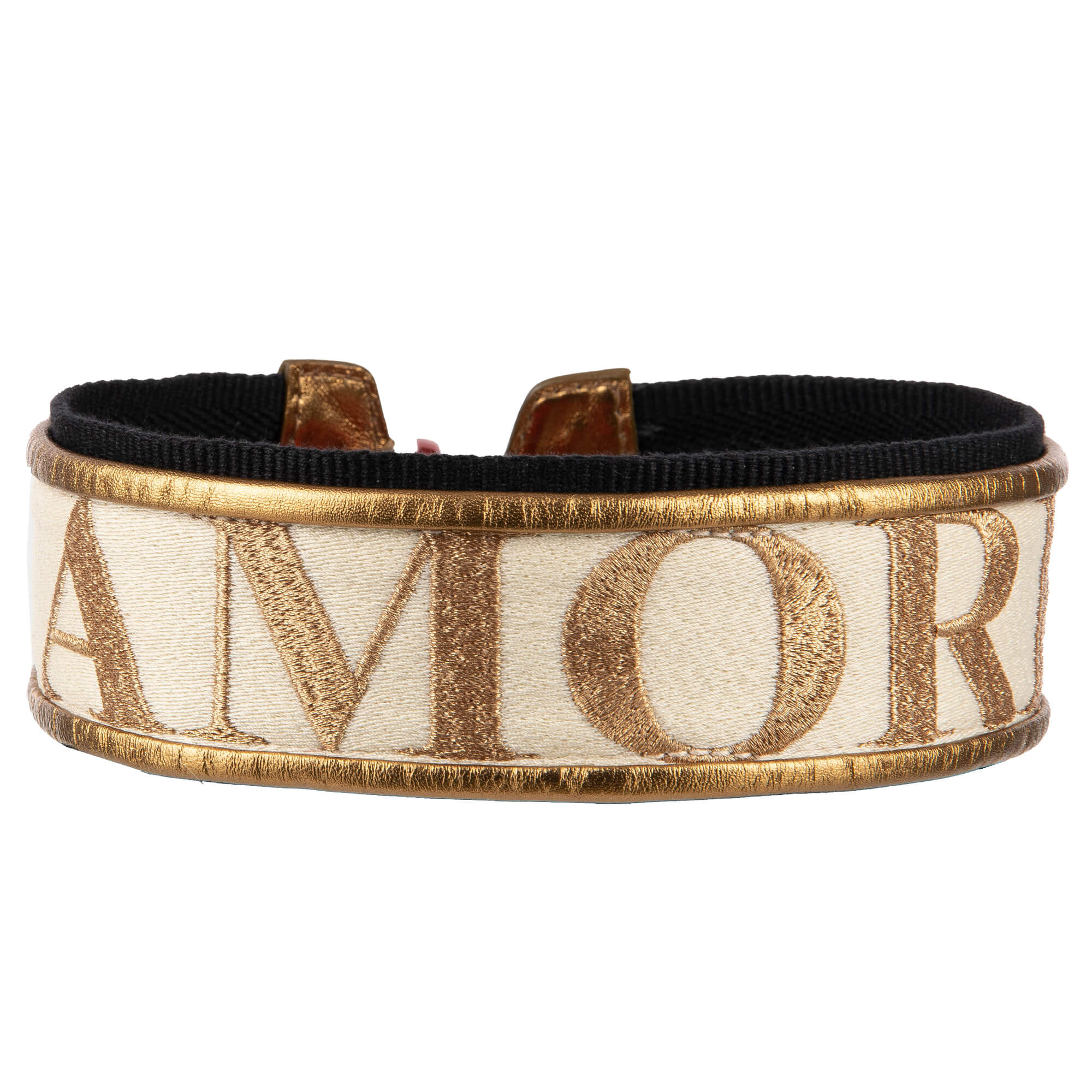 Schulterriemen für Tasche aus Baumwolle und Leder in Gold, Beige und Schwarz verziert mit Amore und Herz Stickerei von DOLCE & GABBANA