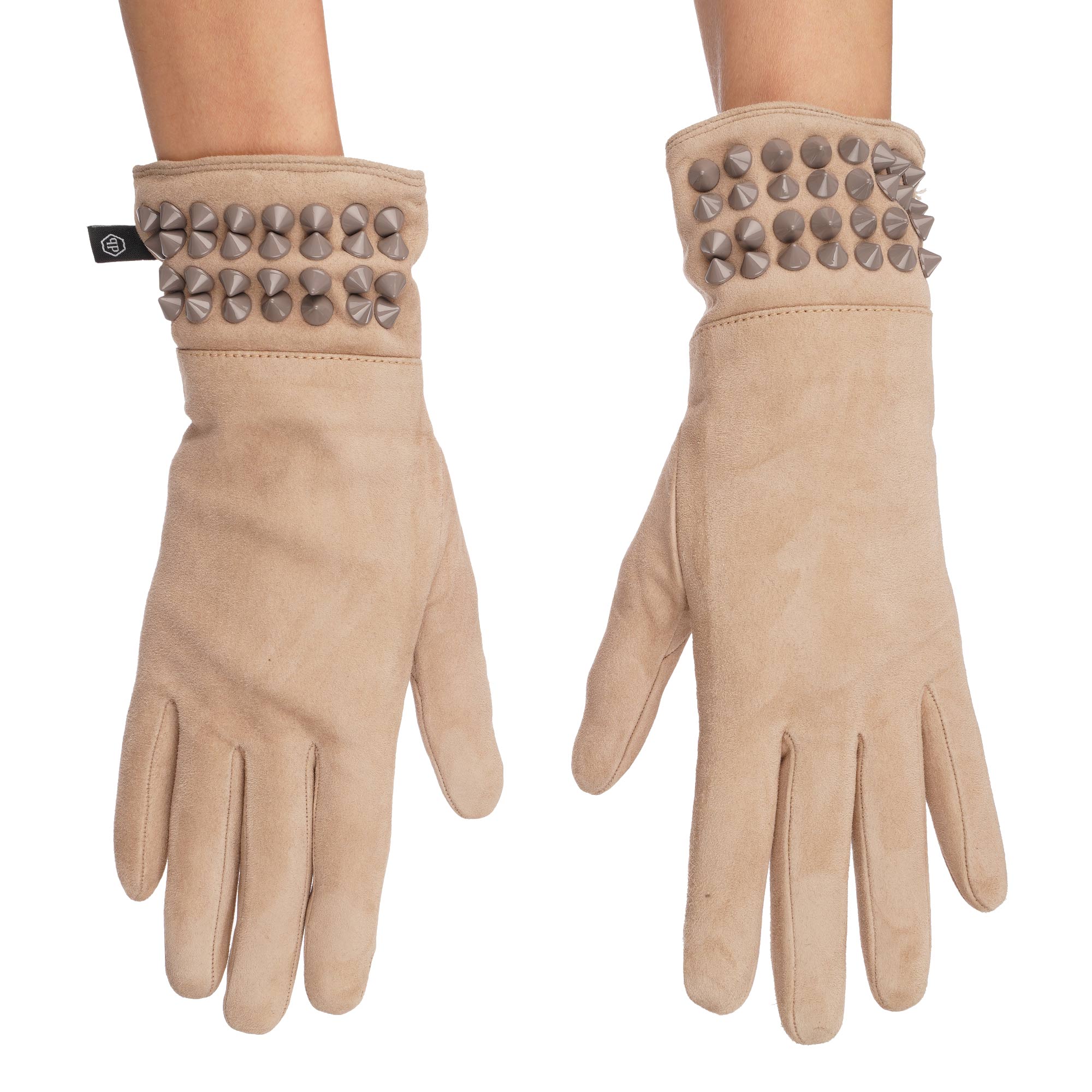 Lady Studded Suede Leather Cashmere Gloves Beige 7