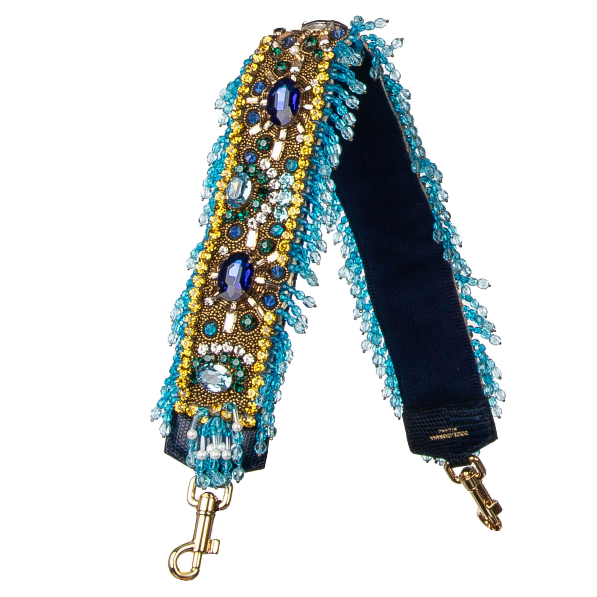 Schulterriemen für Tasche aus Baumwolle und Raffia in Blau und Gold verziert mit Perlen und Kristallen Handstickerei von DOLCE & GABBANA