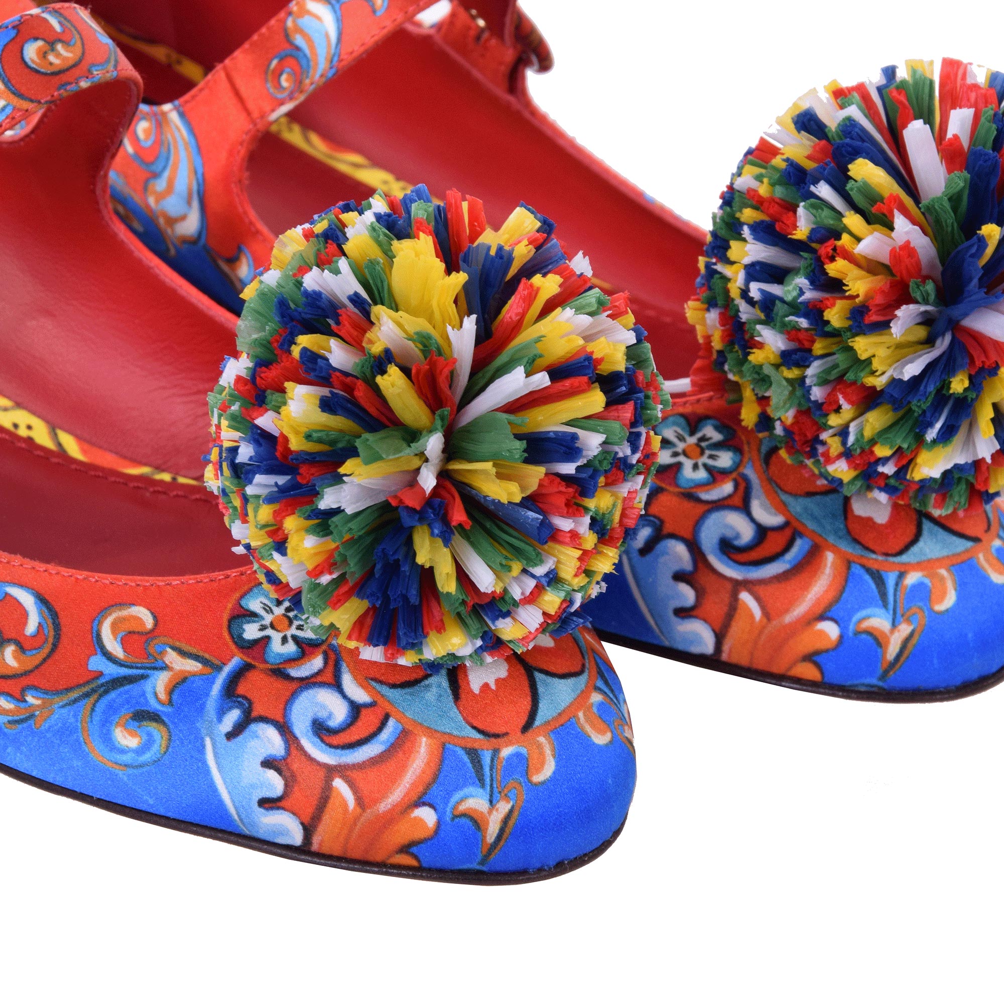 Carretto und Blumen Print Ballerinas aus Satin mit Pompon Brosche in Rot und Blau von DOLCE & GABBANA