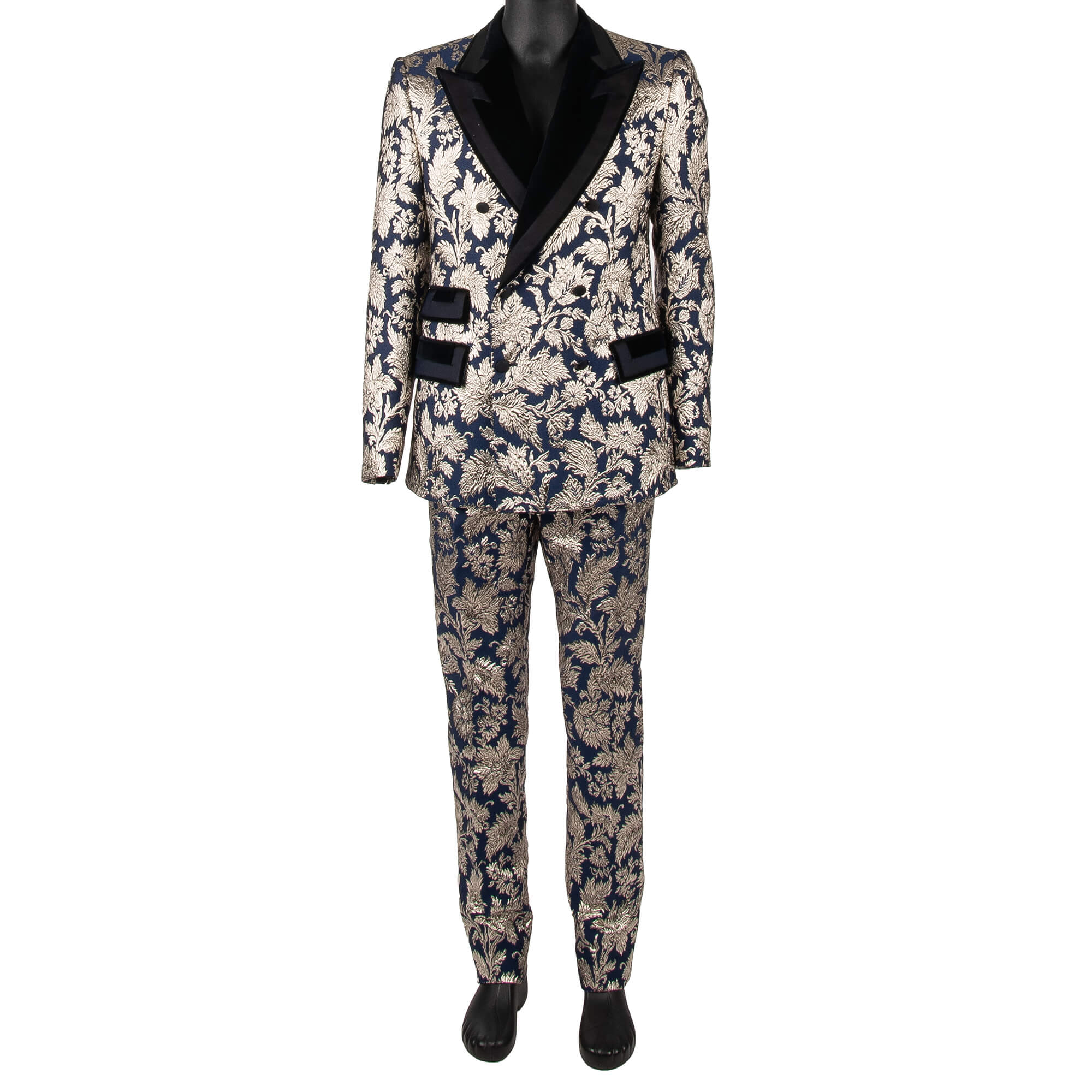 Anzug aus Blumen Jacquard mit spitzem Revers in Blau und Silber von DOLCE & GABBANA 