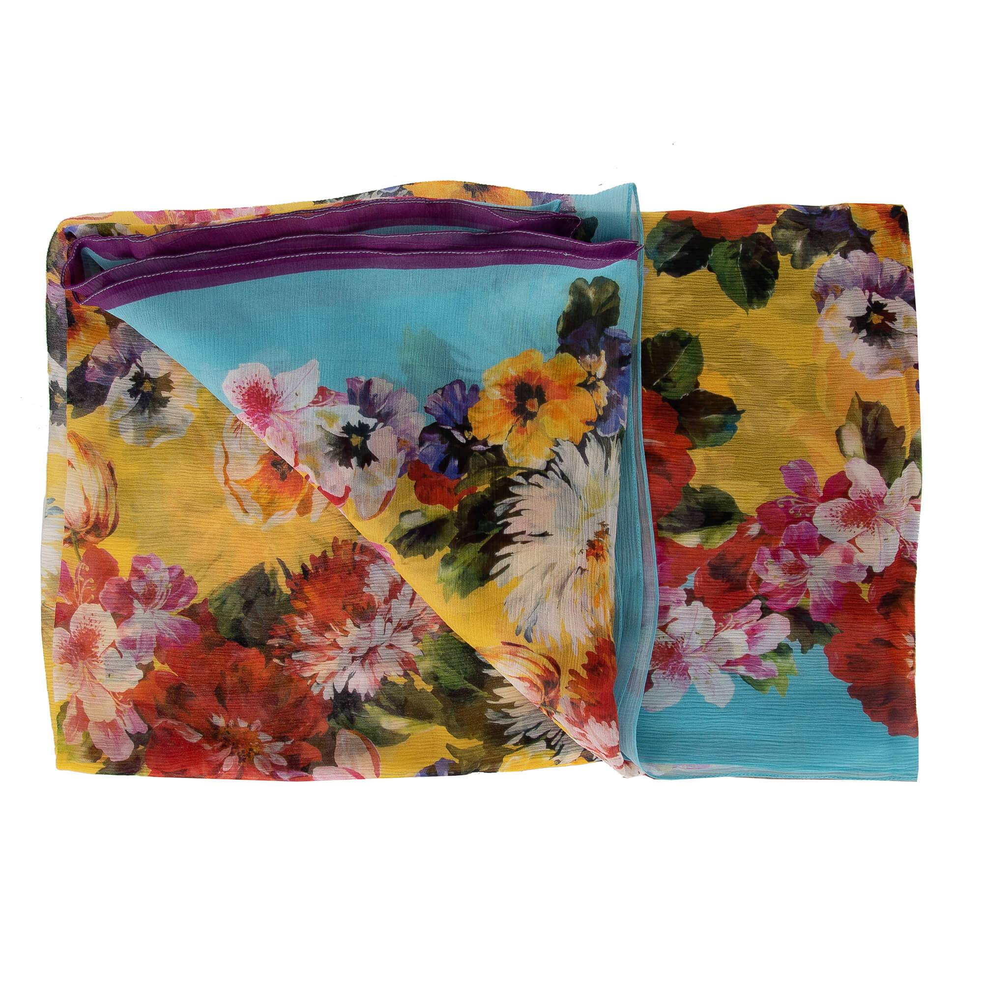 Großer Schal / Foulard aus Seide mit Blumen und Logo Print in Blau, Rot und Gelb von DOLCE & GABBANA