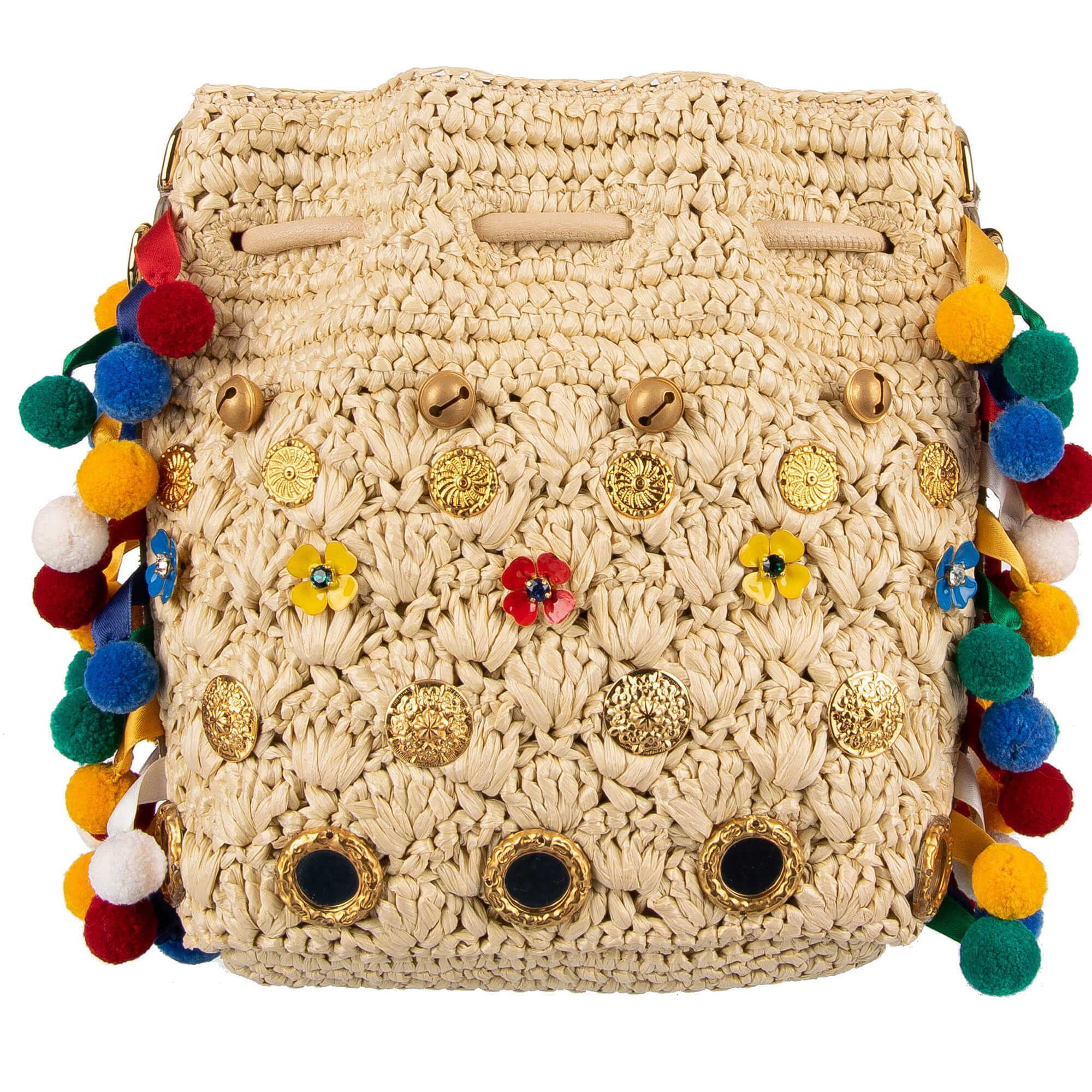 Beutel Hobo Tasche / Schultertasche CLAUDIA im Sizilianischem Stil aus Stroh und Schlangenleder mit Bommeln, Sing Song Glocken und Kristallen von DOLCE & GABBANA
