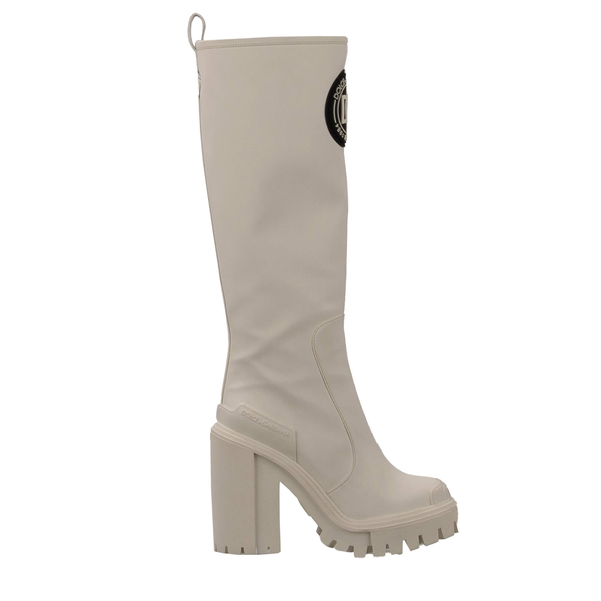 Plateau Faux Rubber Leather Blend Hi Trekking Heels Boots with DG logo in front in white by DOLCE & GABBANA