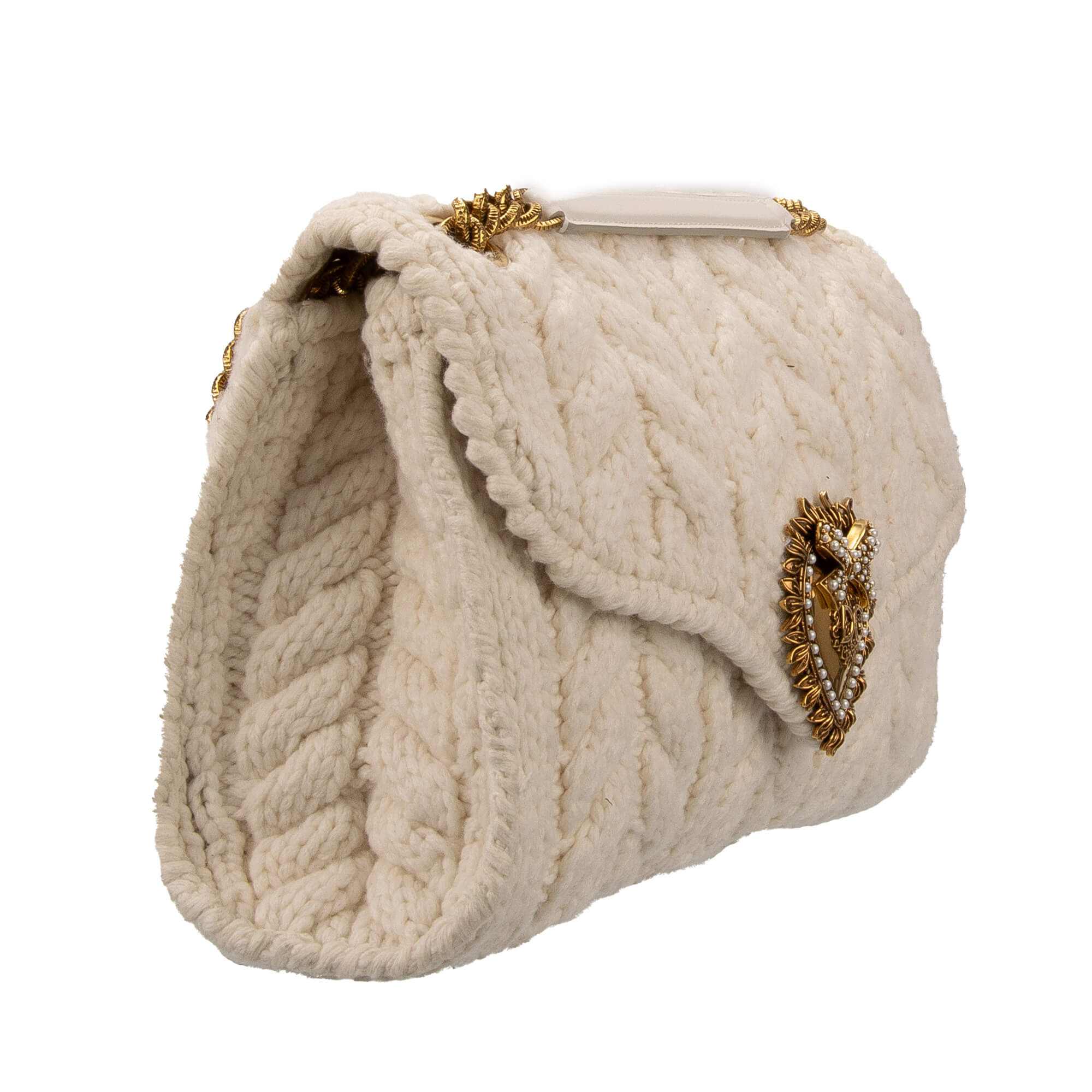 Gestrickte Wolle Crochet Crossbody Tasche / Schultertasche DEVOTION Large mit Schmuckherz Verschluss mit DG Logo und Kettenriemen von DOLCE & GABBANA