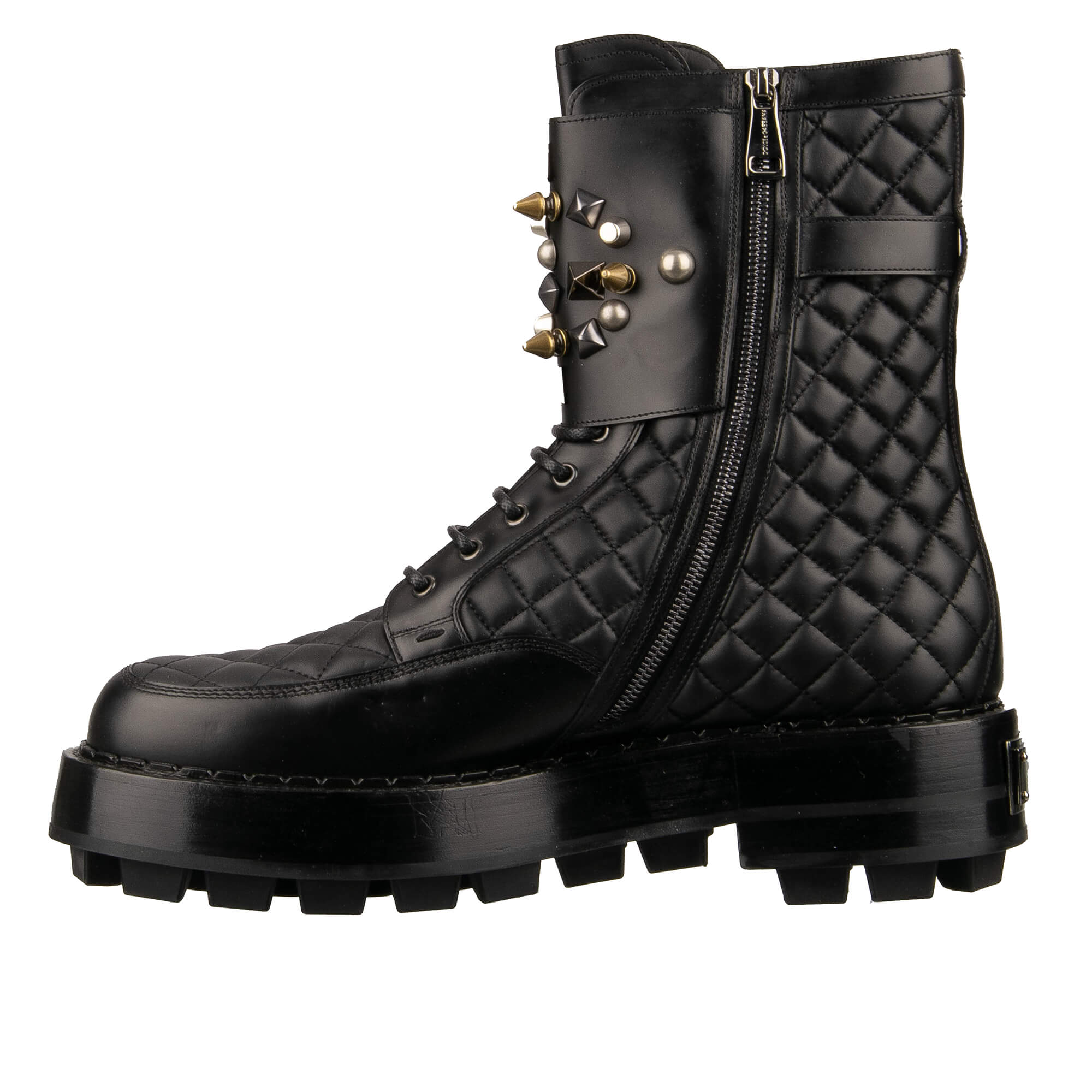 Plateau Top Track Combat / Biker Stiefel aus gestepptem Leder mit Nieten, Logo und Reißverschluss in Schwarz von DOLCE & GABBANA